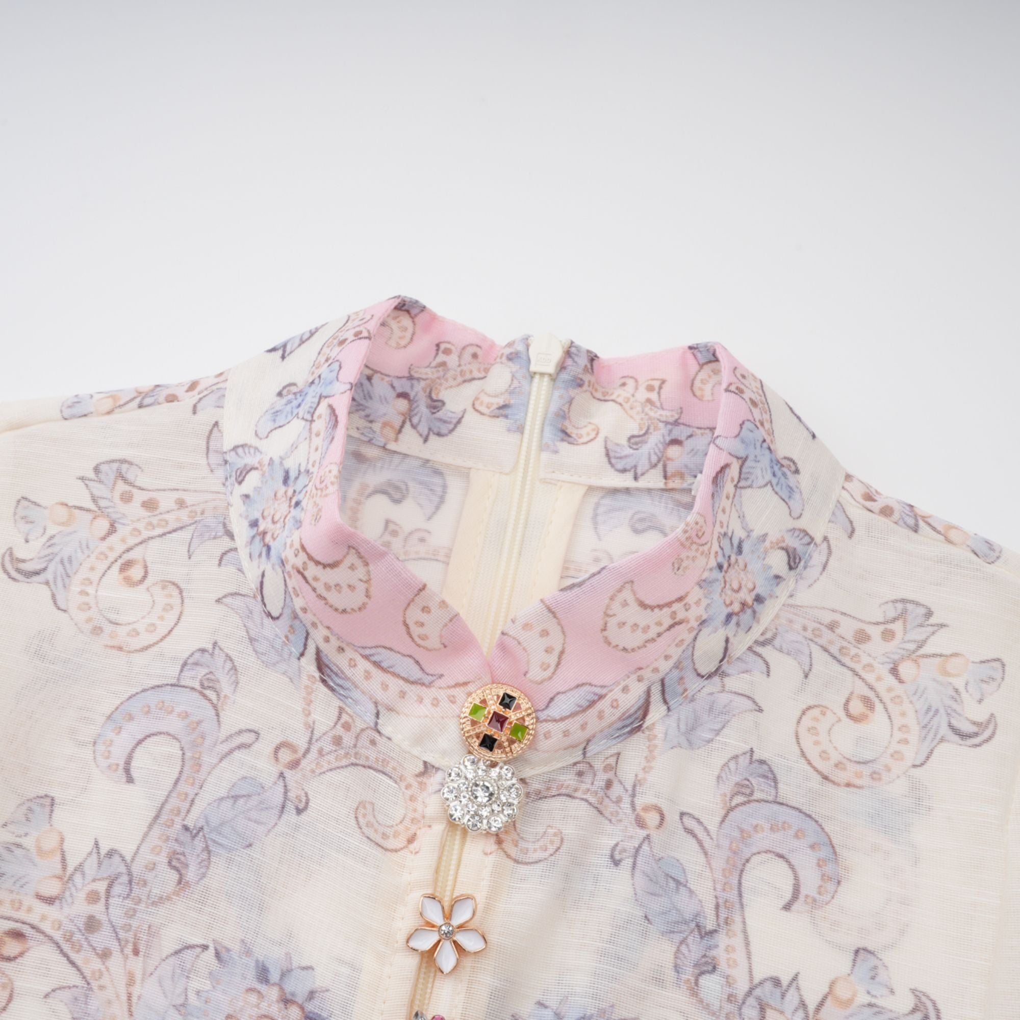 Paisley print linen mini dress with high neck and matching belt