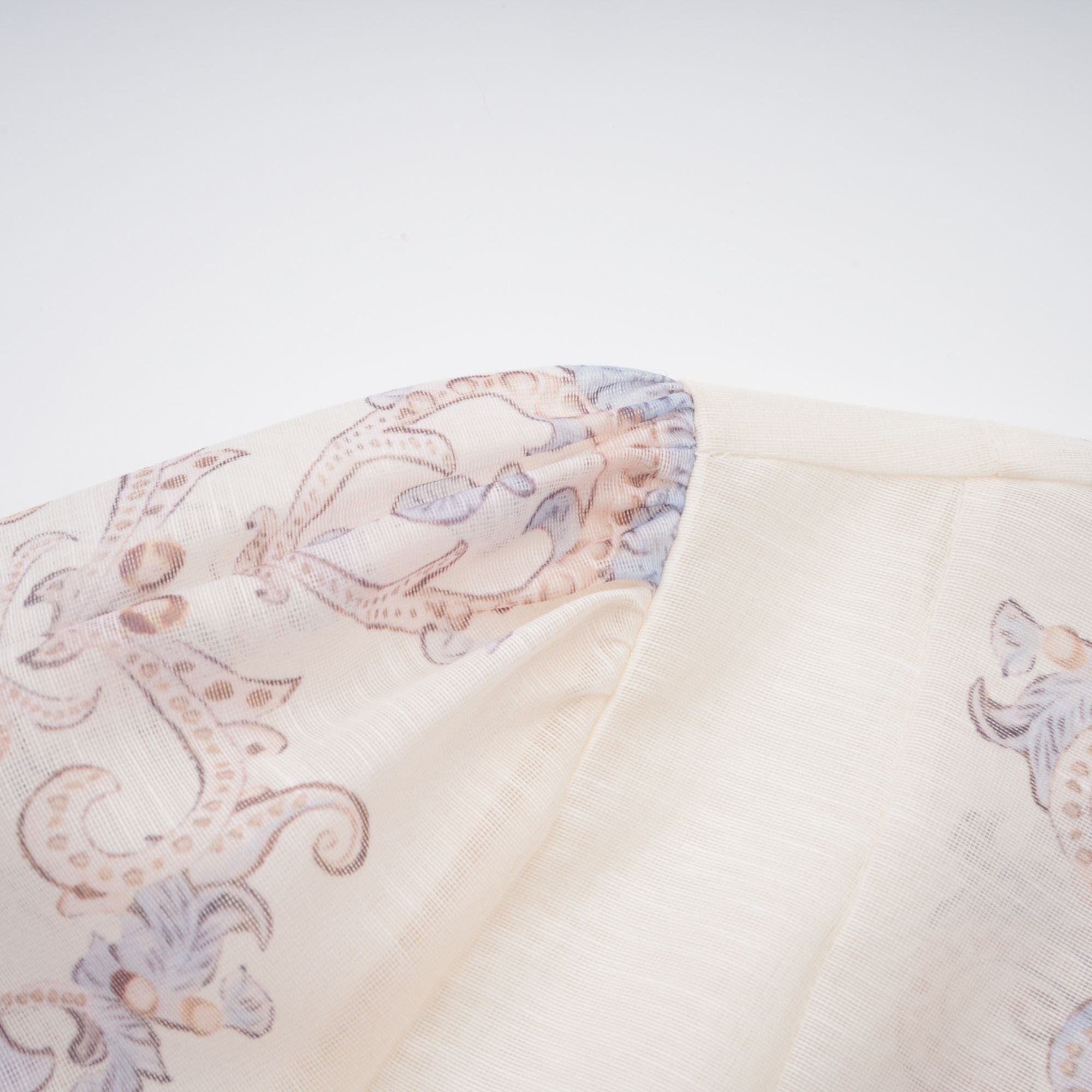 Paisley print linen mini dress with high neck and matching belt