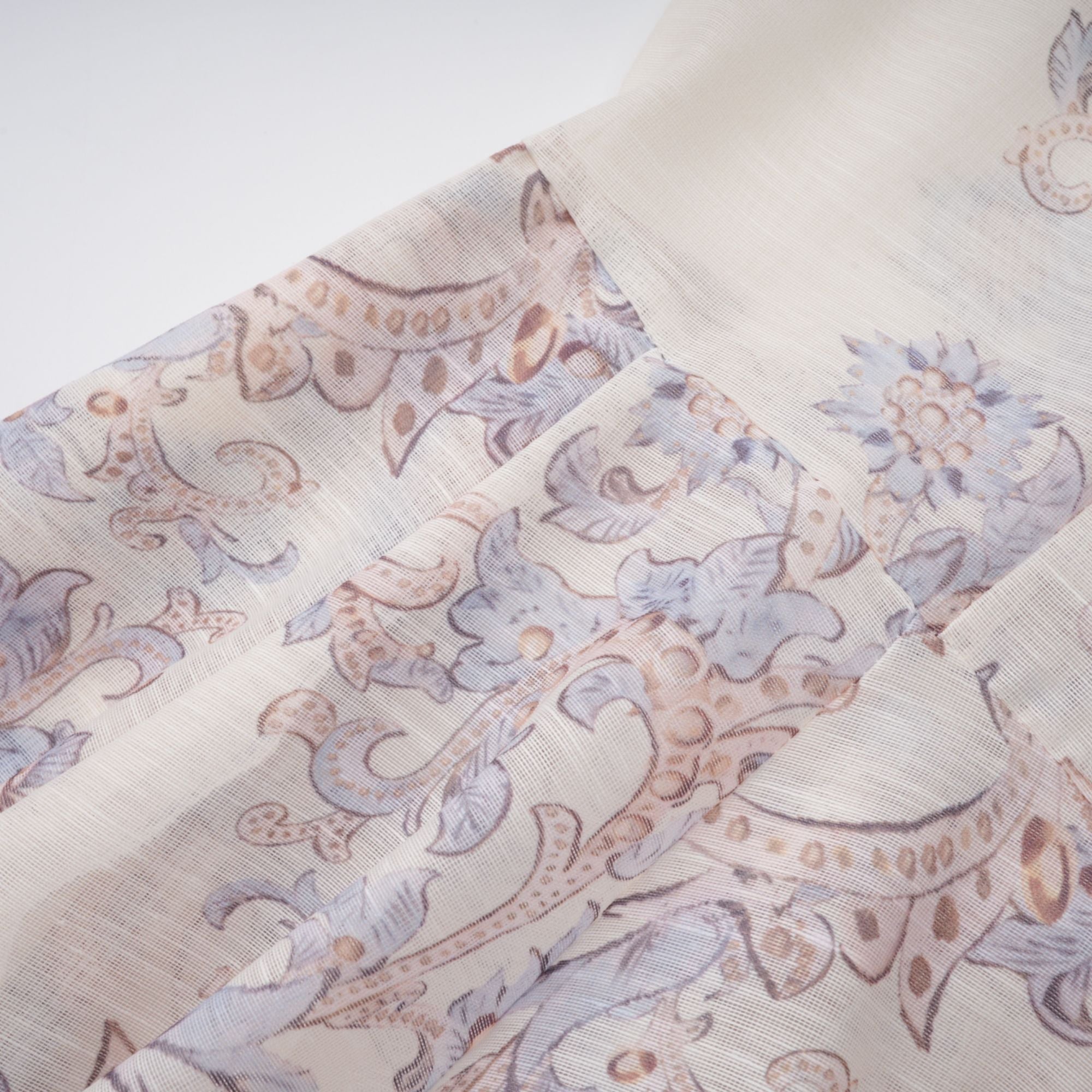 Paisley print linen mini dress with high neck and matching belt