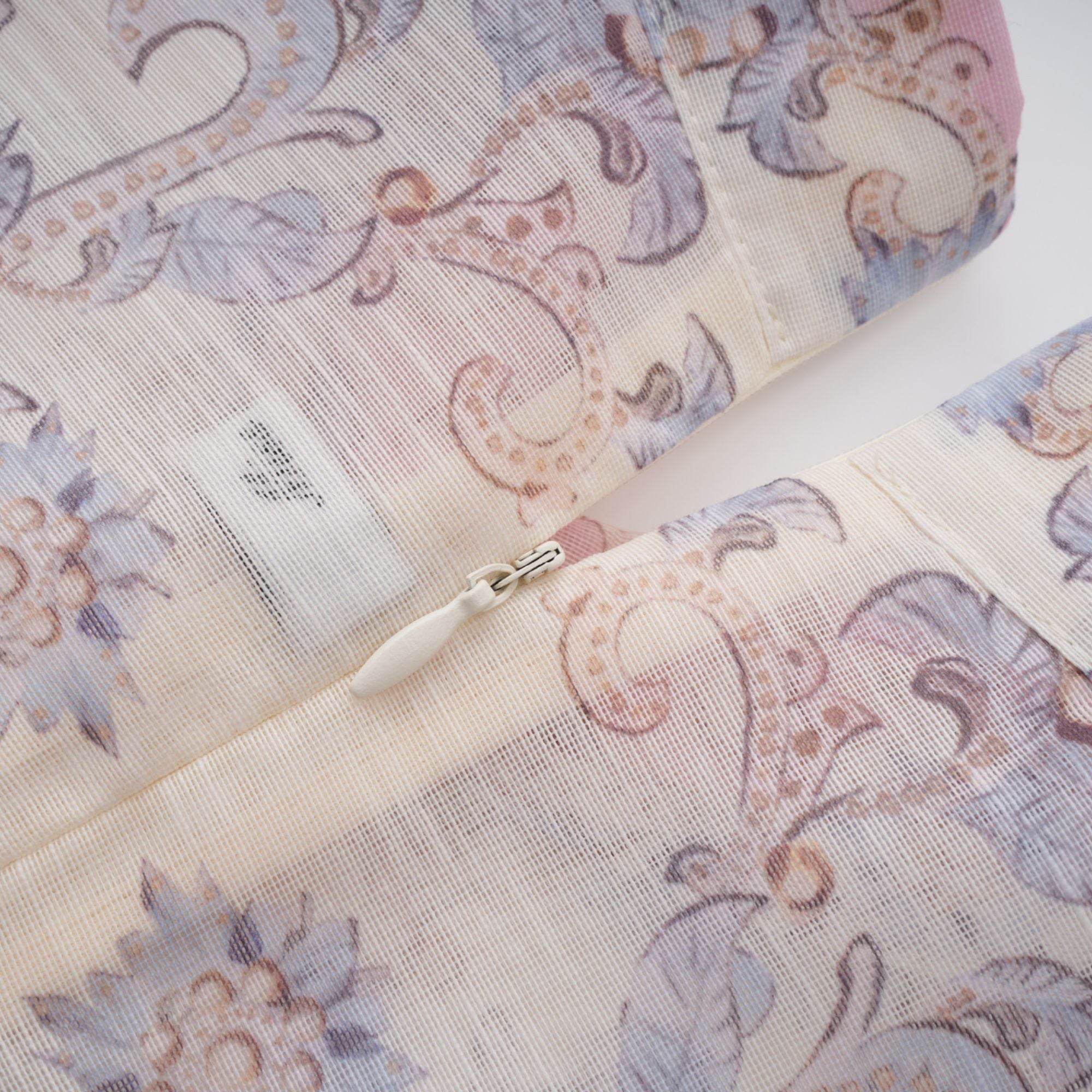 Paisley print linen mini dress with high neck and matching belt