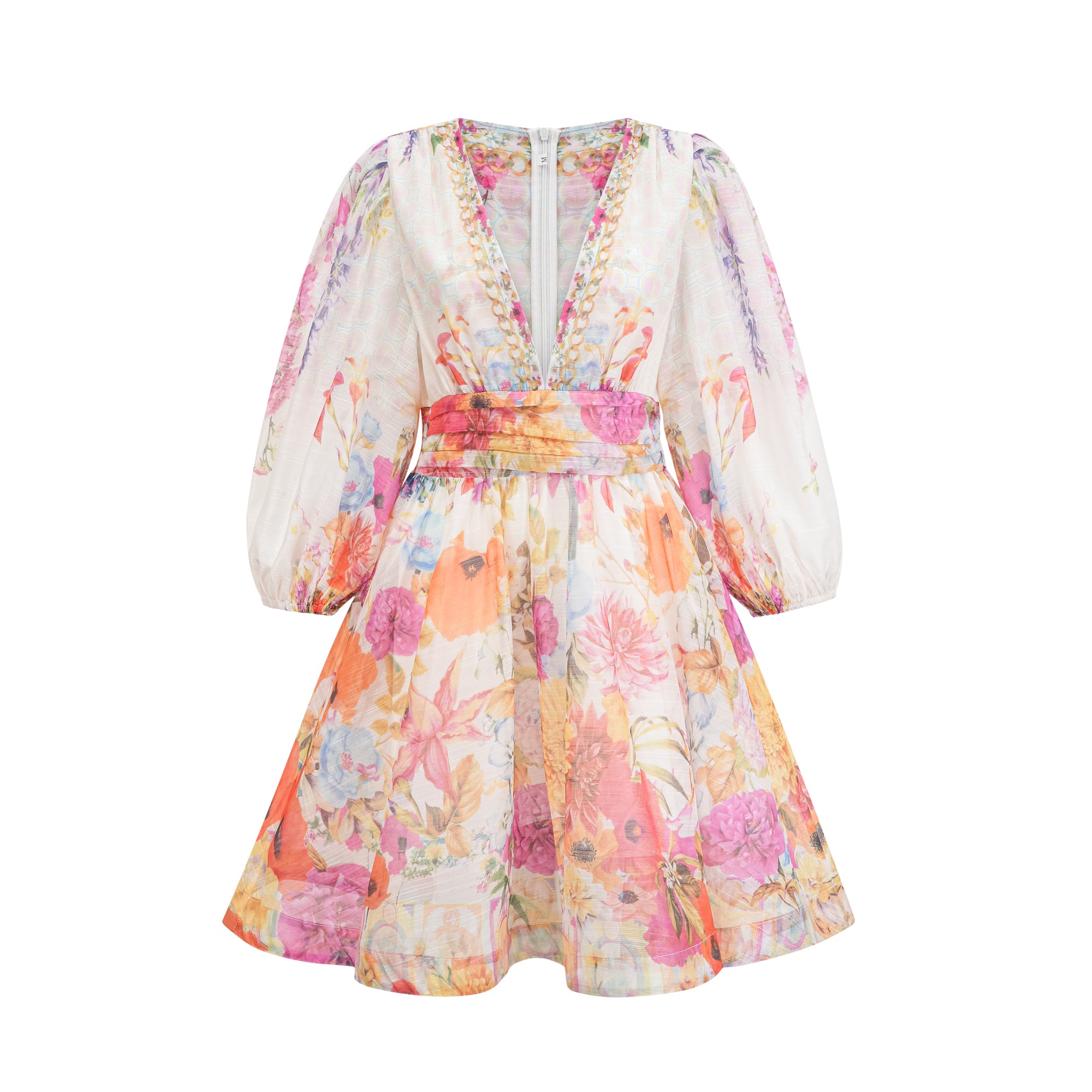 Floral V-neck mini dress with voluminous long sleeves