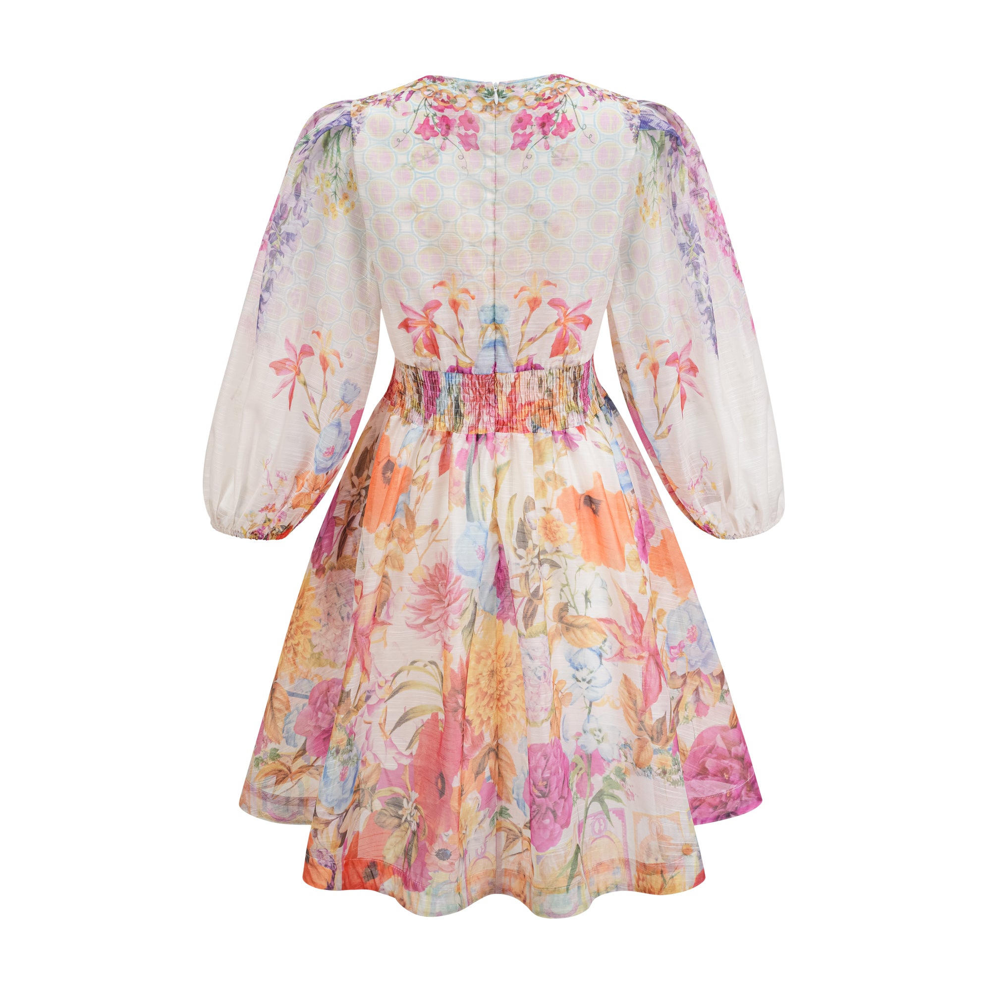 Floral V-neck mini dress with voluminous long sleeves