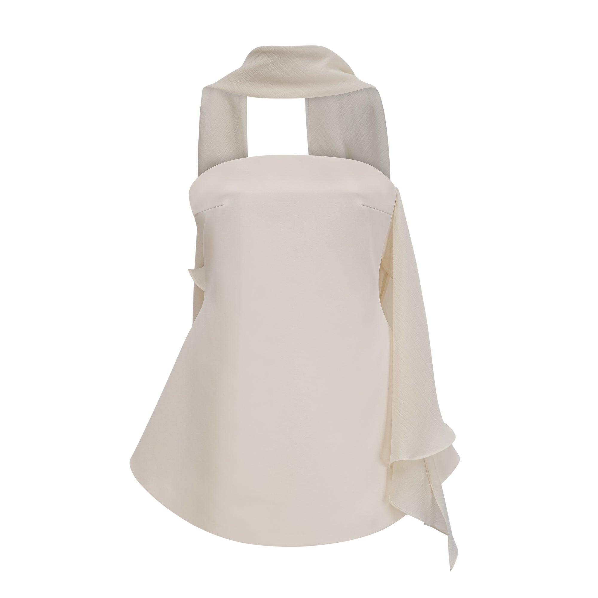 Cream strapless mini dress with a draped cape