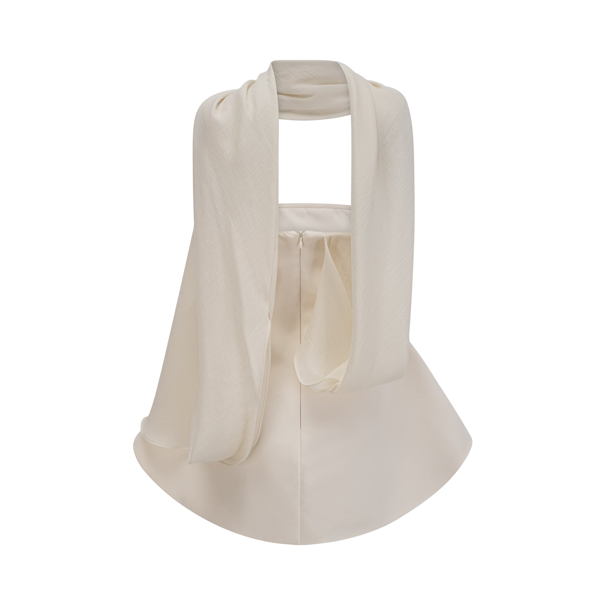 Cream strapless mini dress with a draped cape