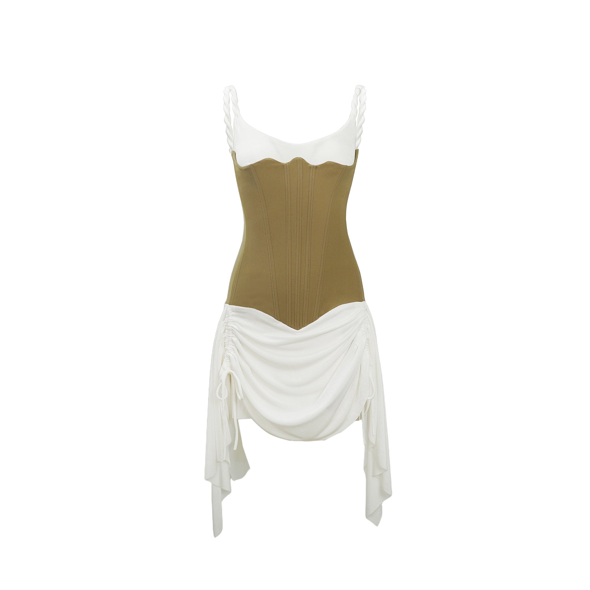 White camisole mini dress featuring a structured tan corset bodice and a draped ruched skirt with drawstring details