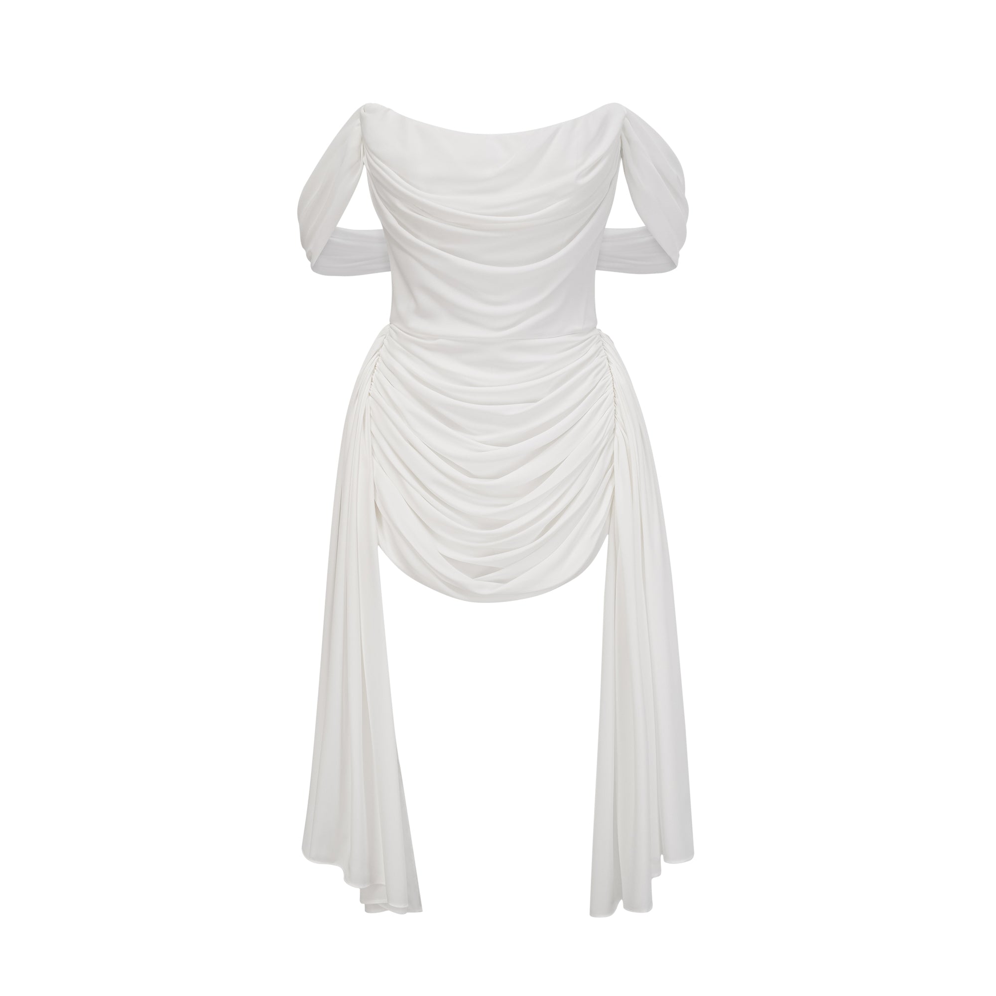 White off-the-shoulder draped mini dress with side panels