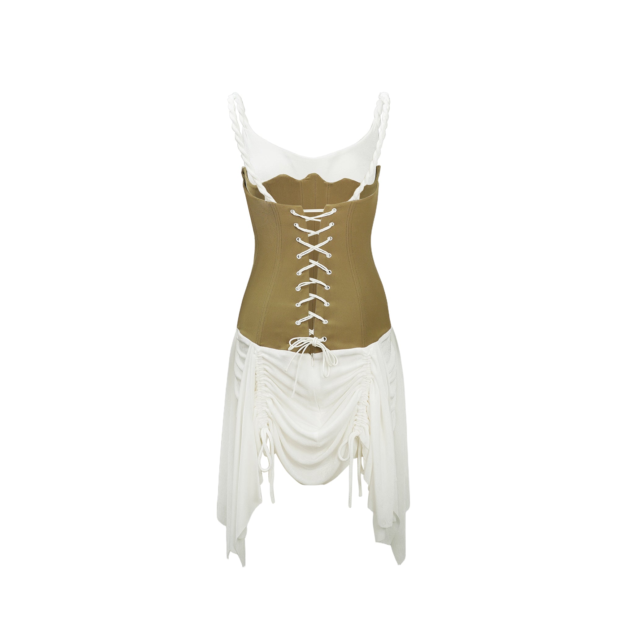 White camisole mini dress featuring a structured tan corset bodice and a draped ruched skirt with drawstring details