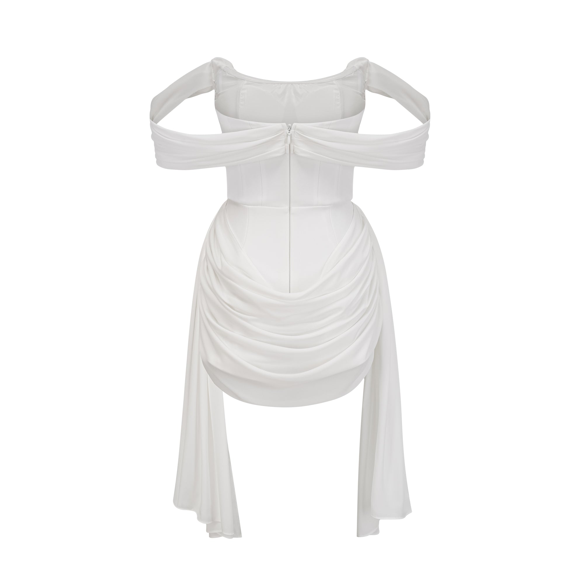 White off-the-shoulder draped mini dress with side panels