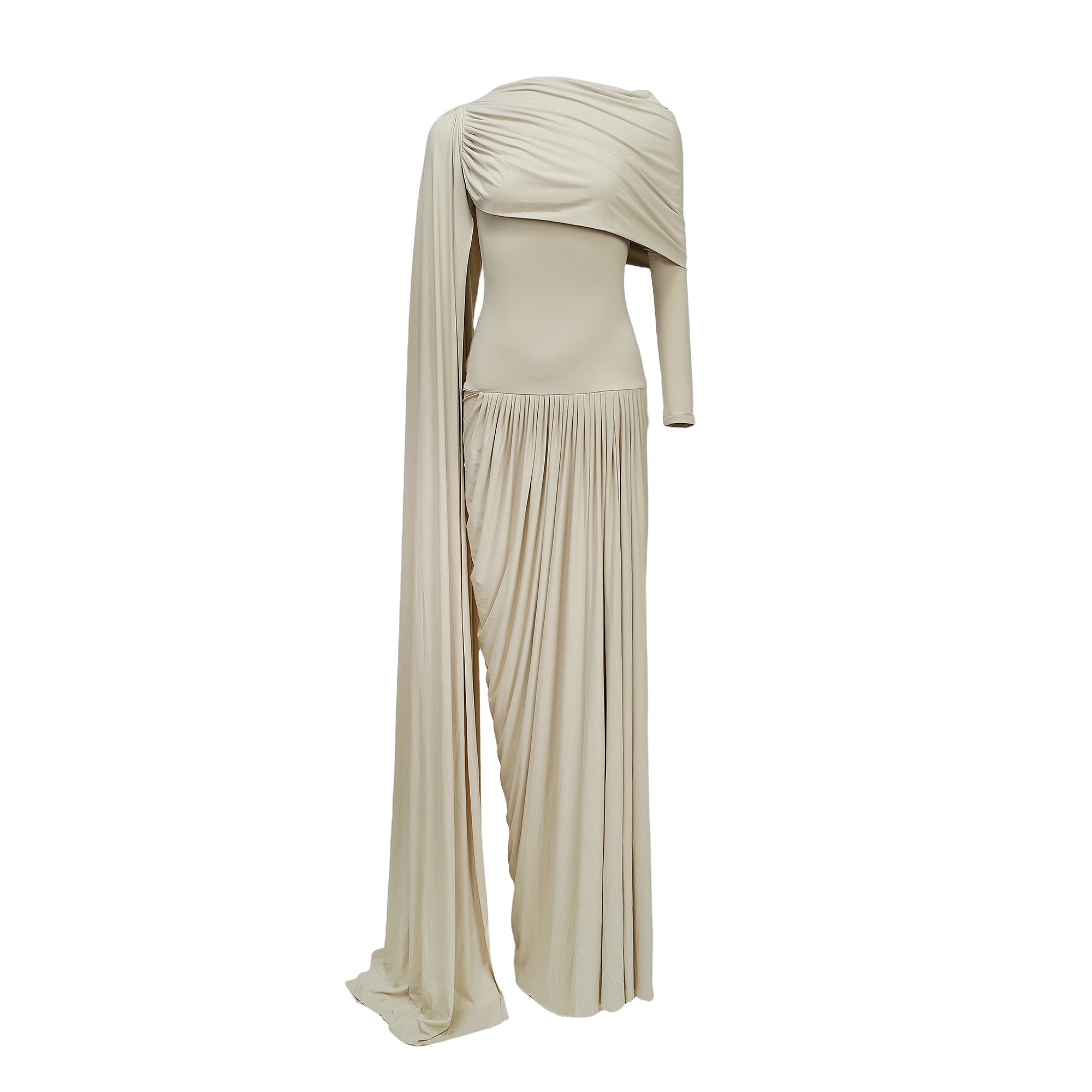 Beige long-sleeve maxi dress with a draped bodice and floor-length cape panel