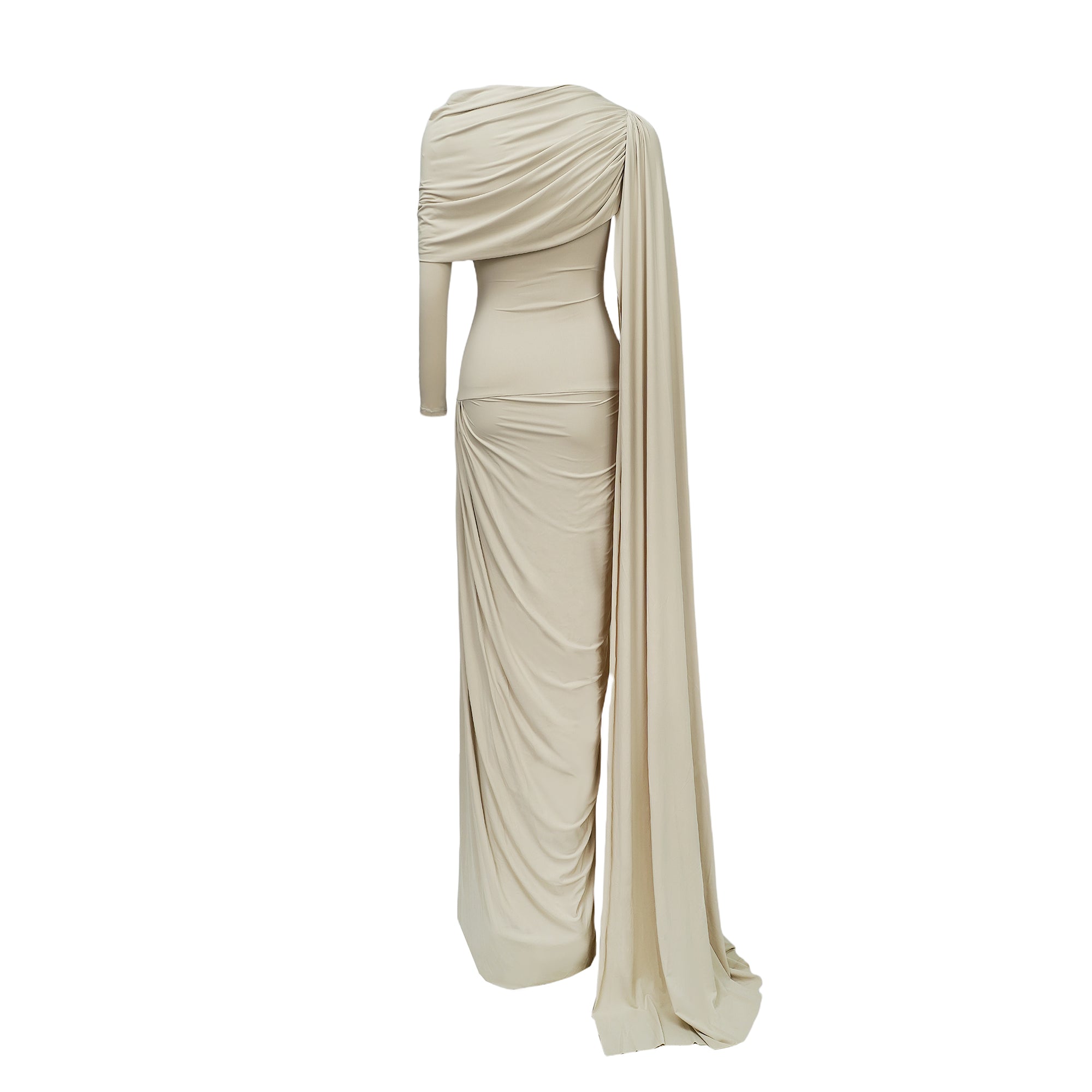 Beige long-sleeve maxi dress with a draped bodice and floor-length cape panel