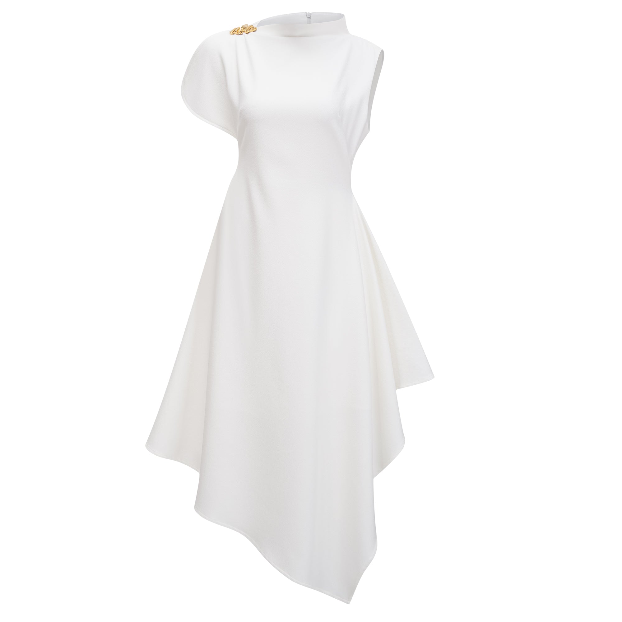 White sleeveless midi dress featuring a high drape neck with a brooch detail and a structured asymmetric handkerchief skirt