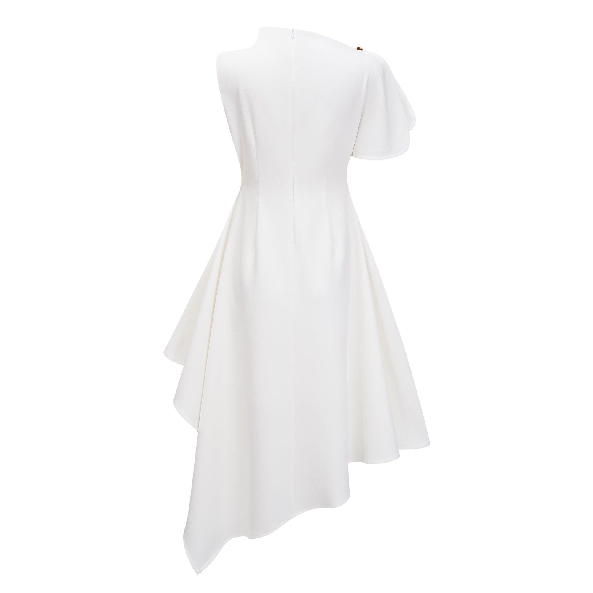 White sleeveless midi dress featuring a high drape neck with a brooch detail and a structured asymmetric handkerchief skirt