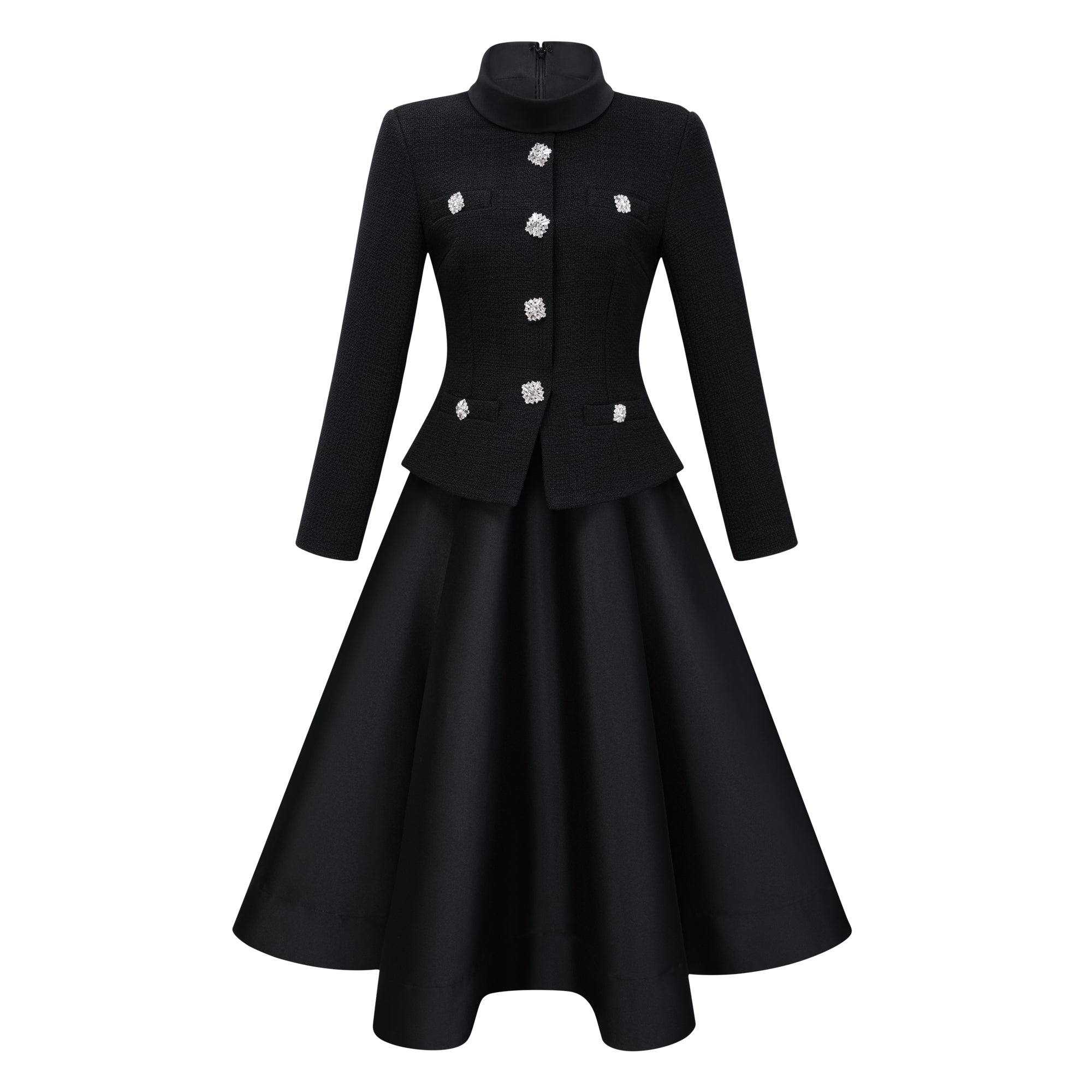 Black High Neck Tweed Midi Dress