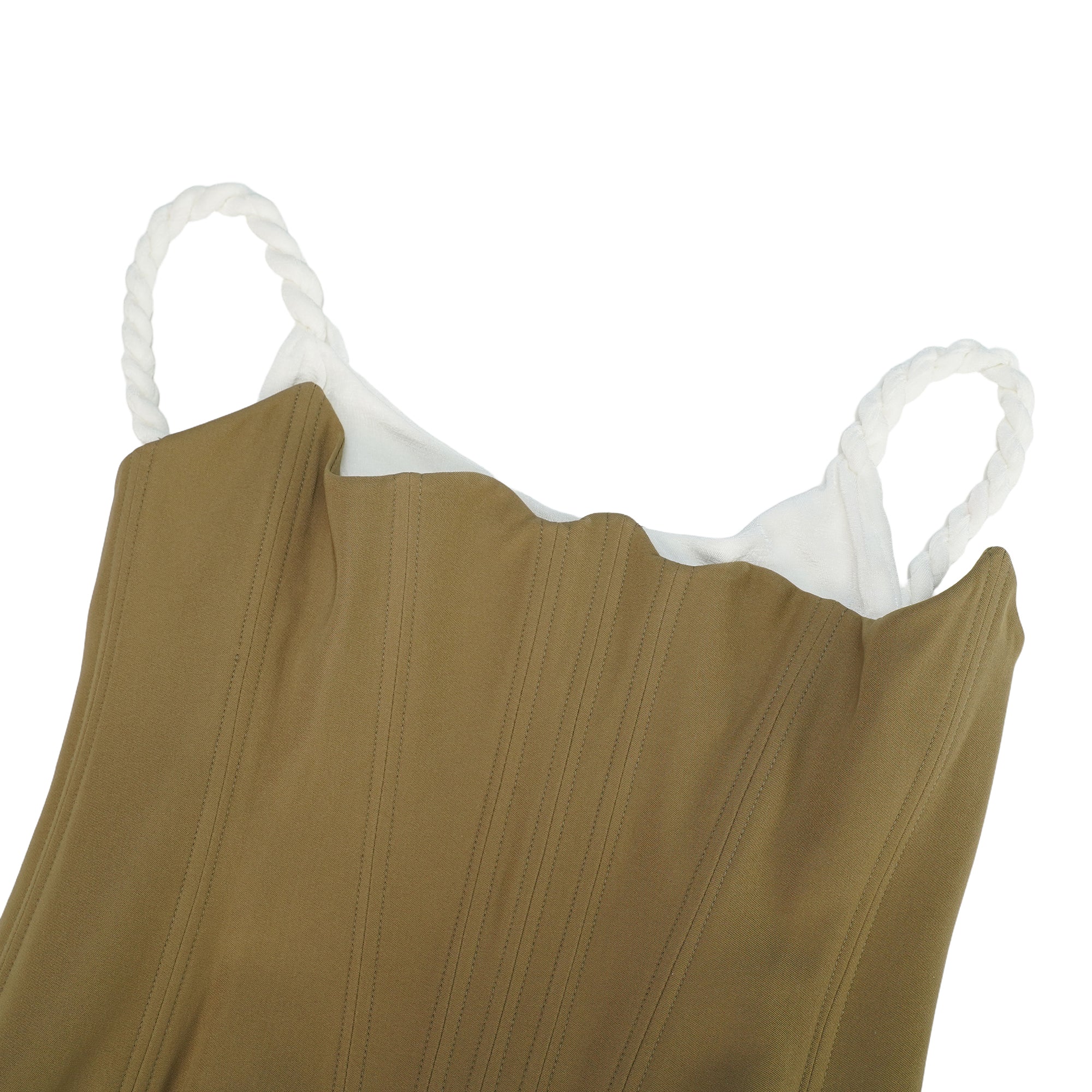 White camisole mini dress featuring a structured tan corset bodice and a draped ruched skirt with drawstring details
