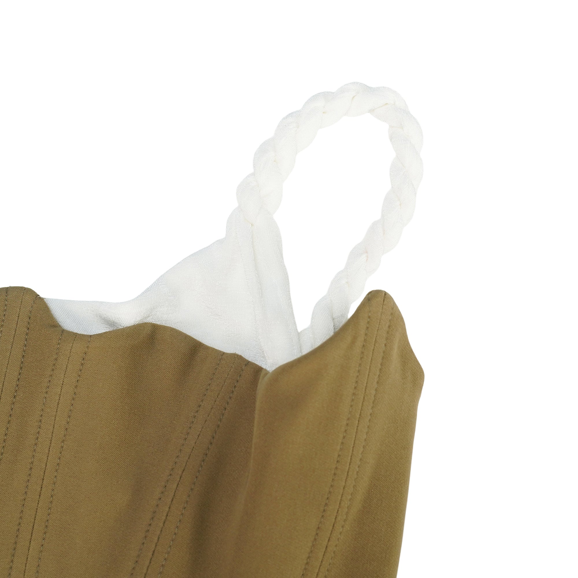 White camisole mini dress featuring a structured tan corset bodice and a draped ruched skirt with drawstring details