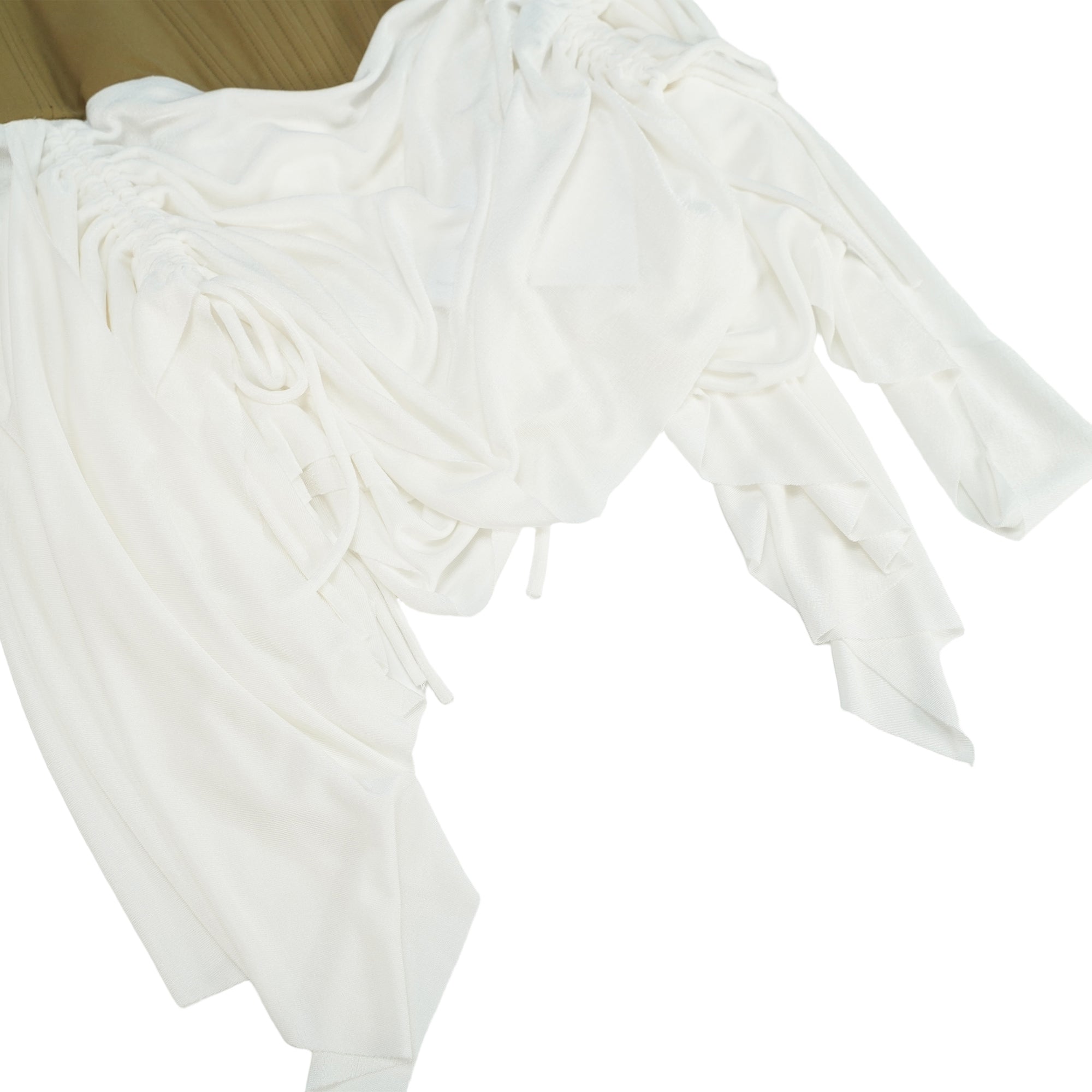 White camisole mini dress featuring a structured tan corset bodice and a draped ruched skirt with drawstring details