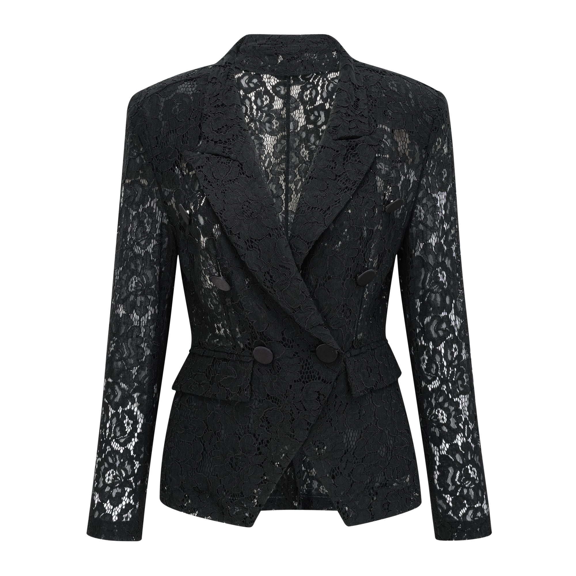 Black sheer floral lace pantsuit with structured shoulders
