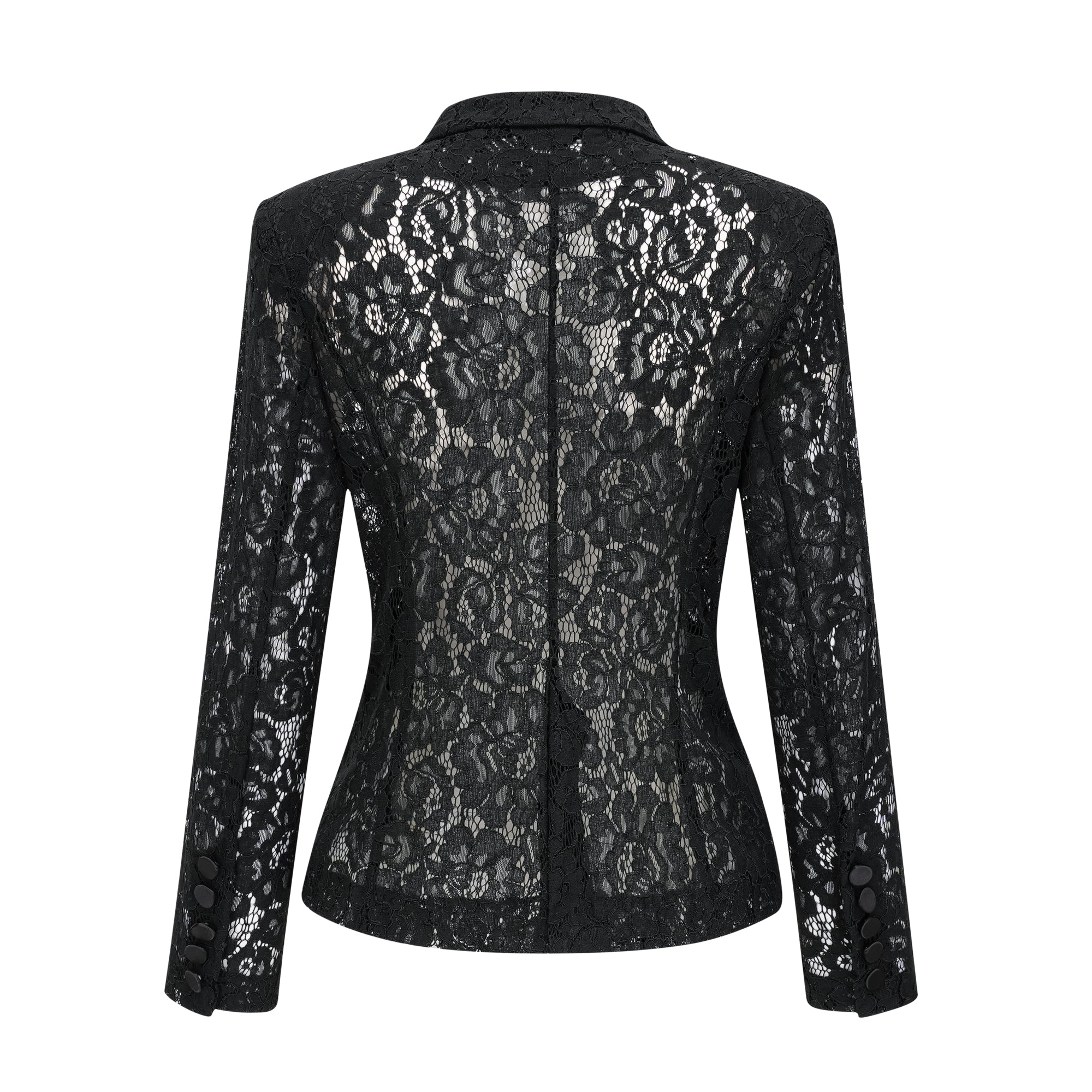 Black sheer floral lace pantsuit with structured shoulders