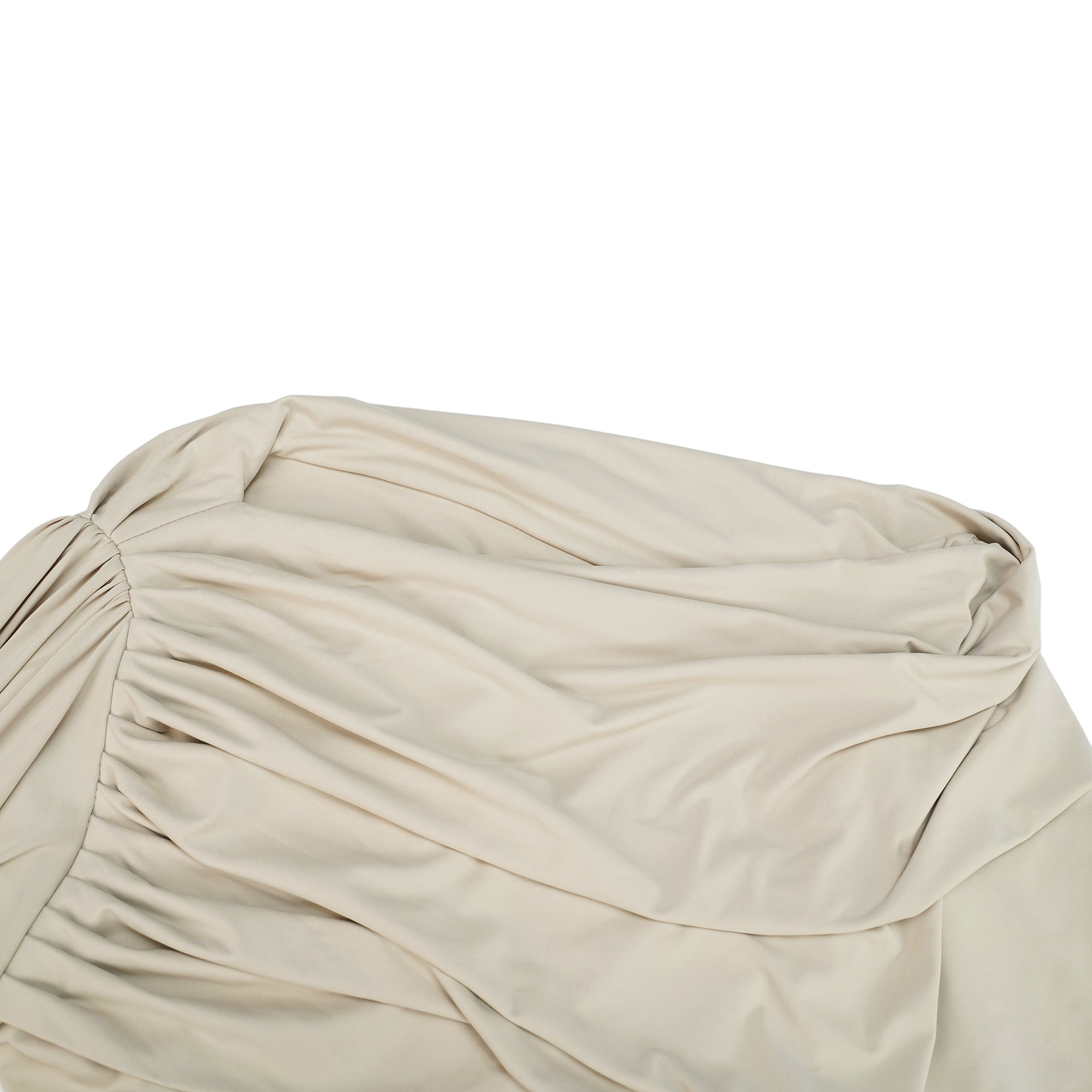 Beige long-sleeve maxi dress with a draped bodice and floor-length cape panel