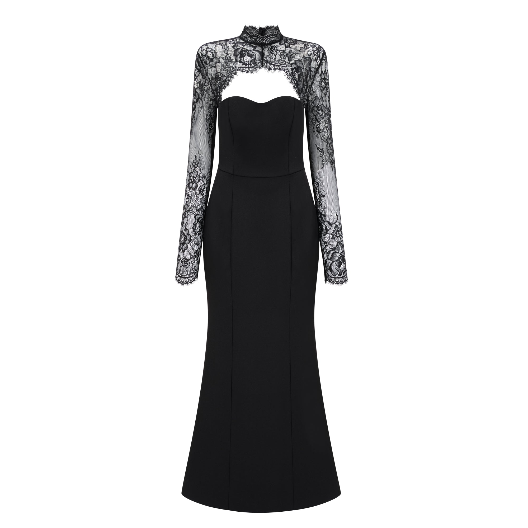 Black sweetheart maxi dress with a sheer lace high-neck overlay and long sleeves