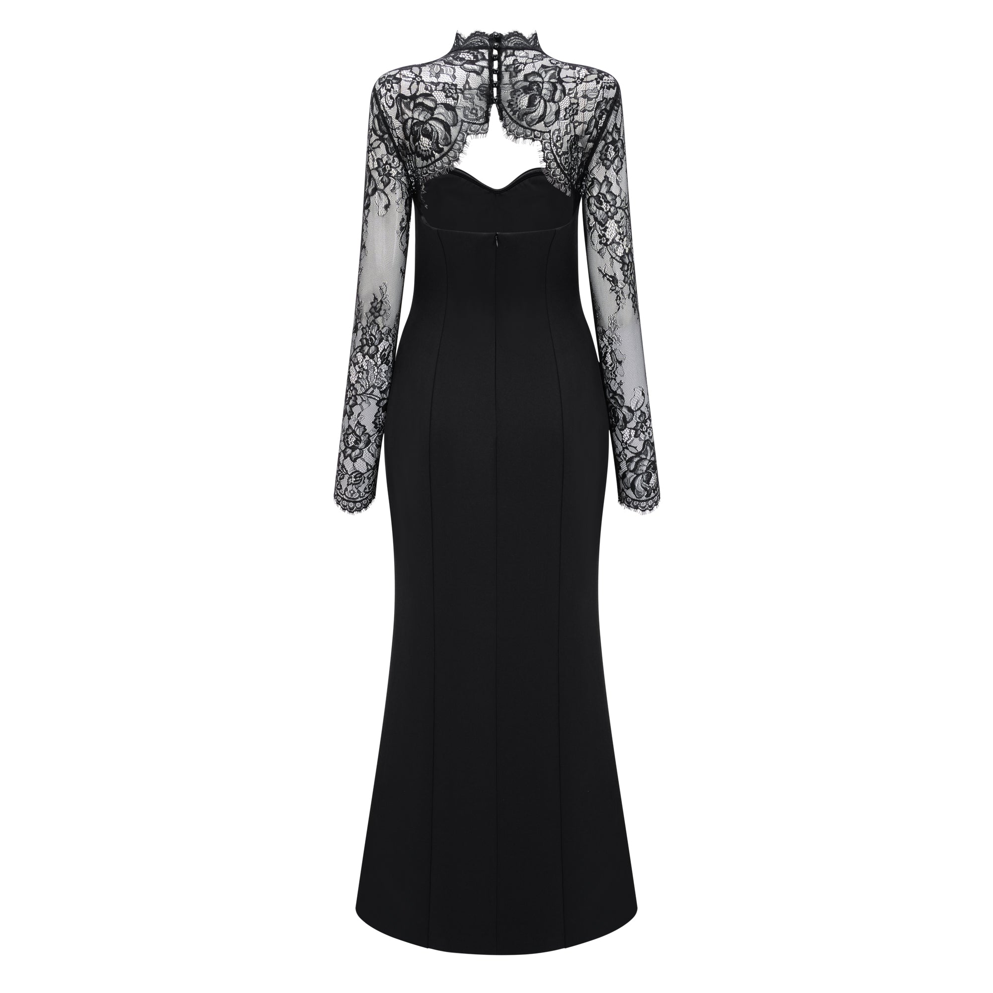 Black sweetheart maxi dress with a sheer lace high-neck overlay and long sleeves