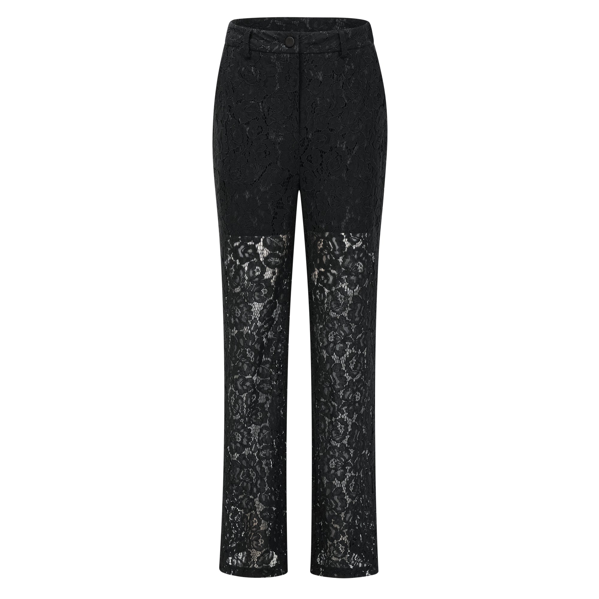 Black sheer floral lace pantsuit with structured shoulders