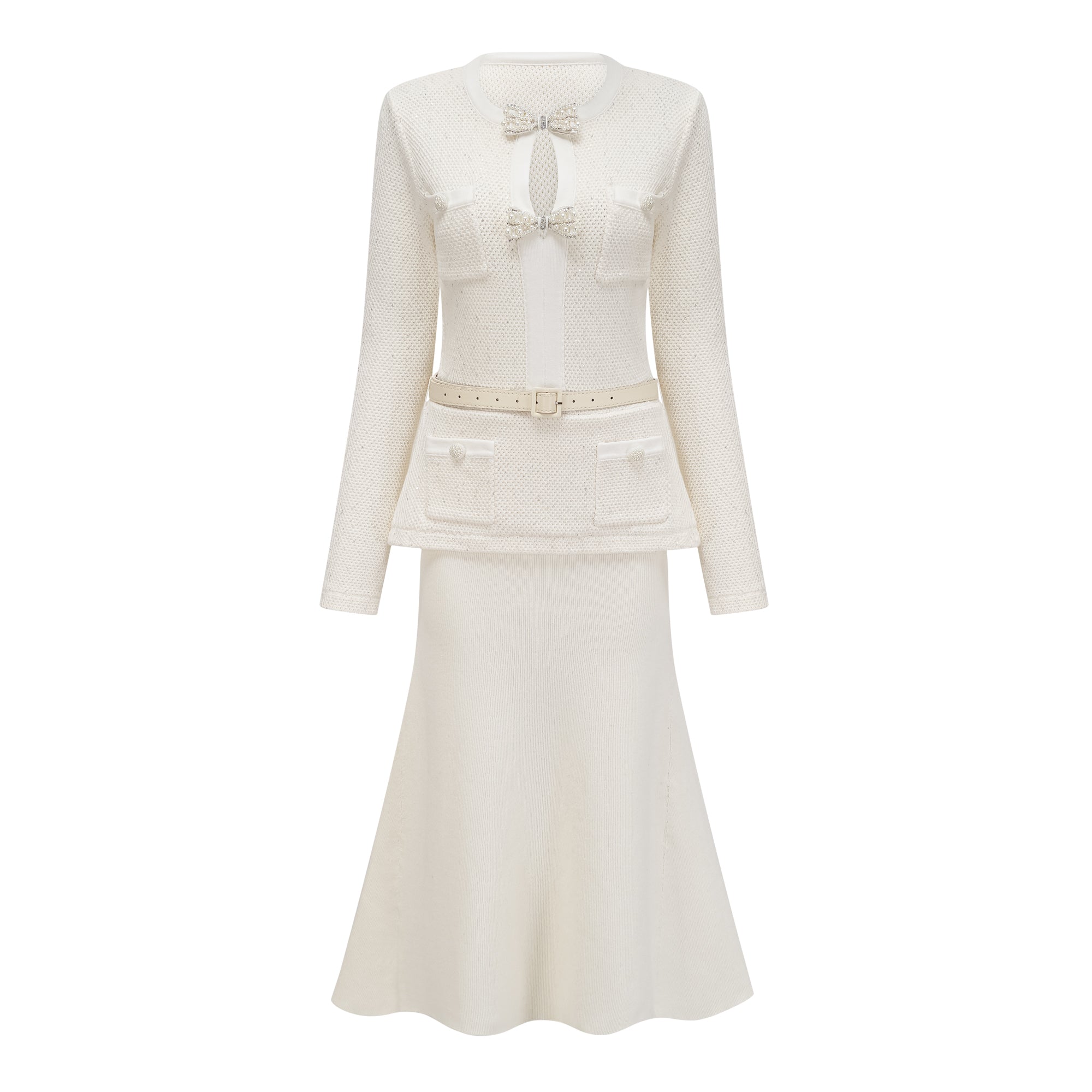 White Embellished Knit Midi Dress