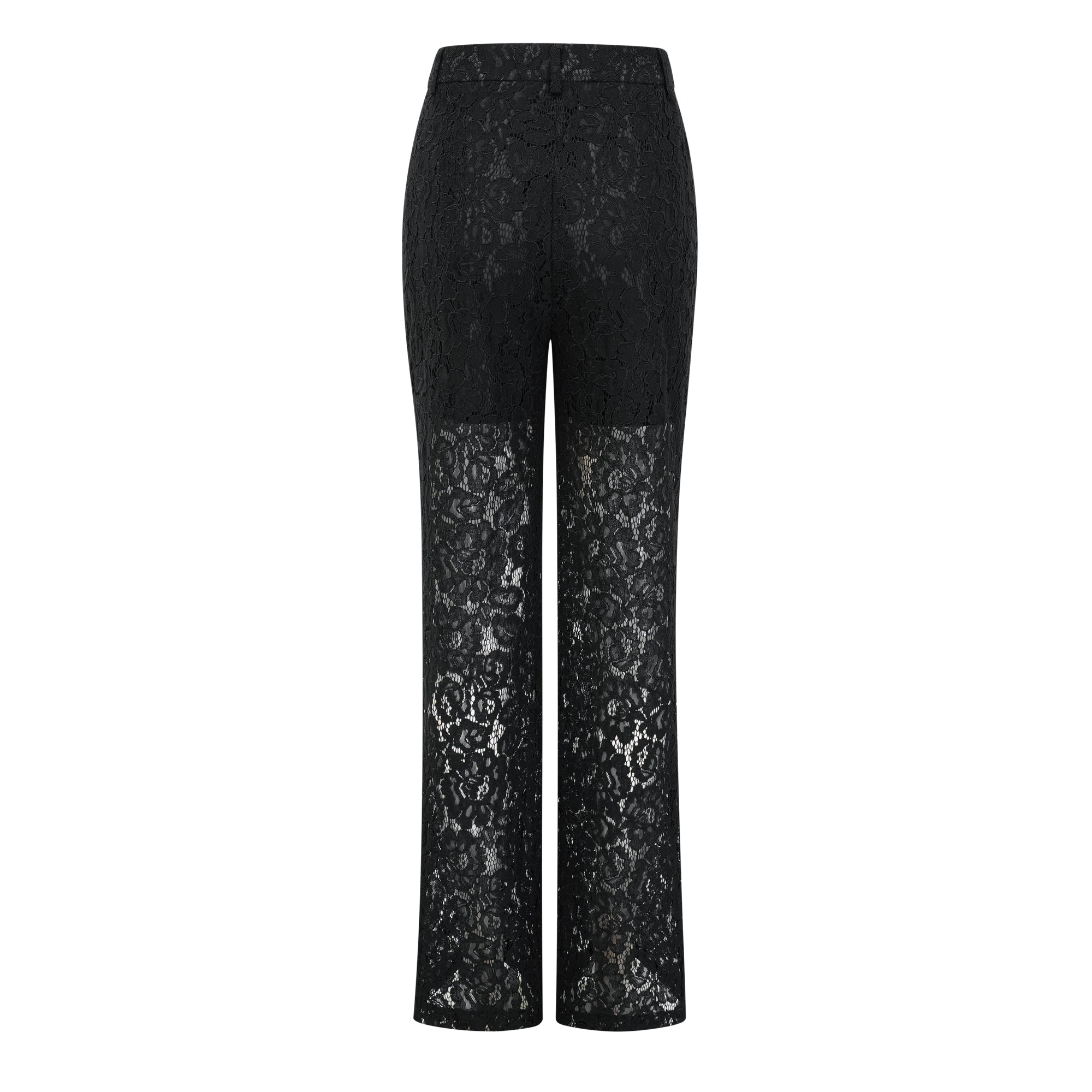 Black sheer floral lace pantsuit with structured shoulders