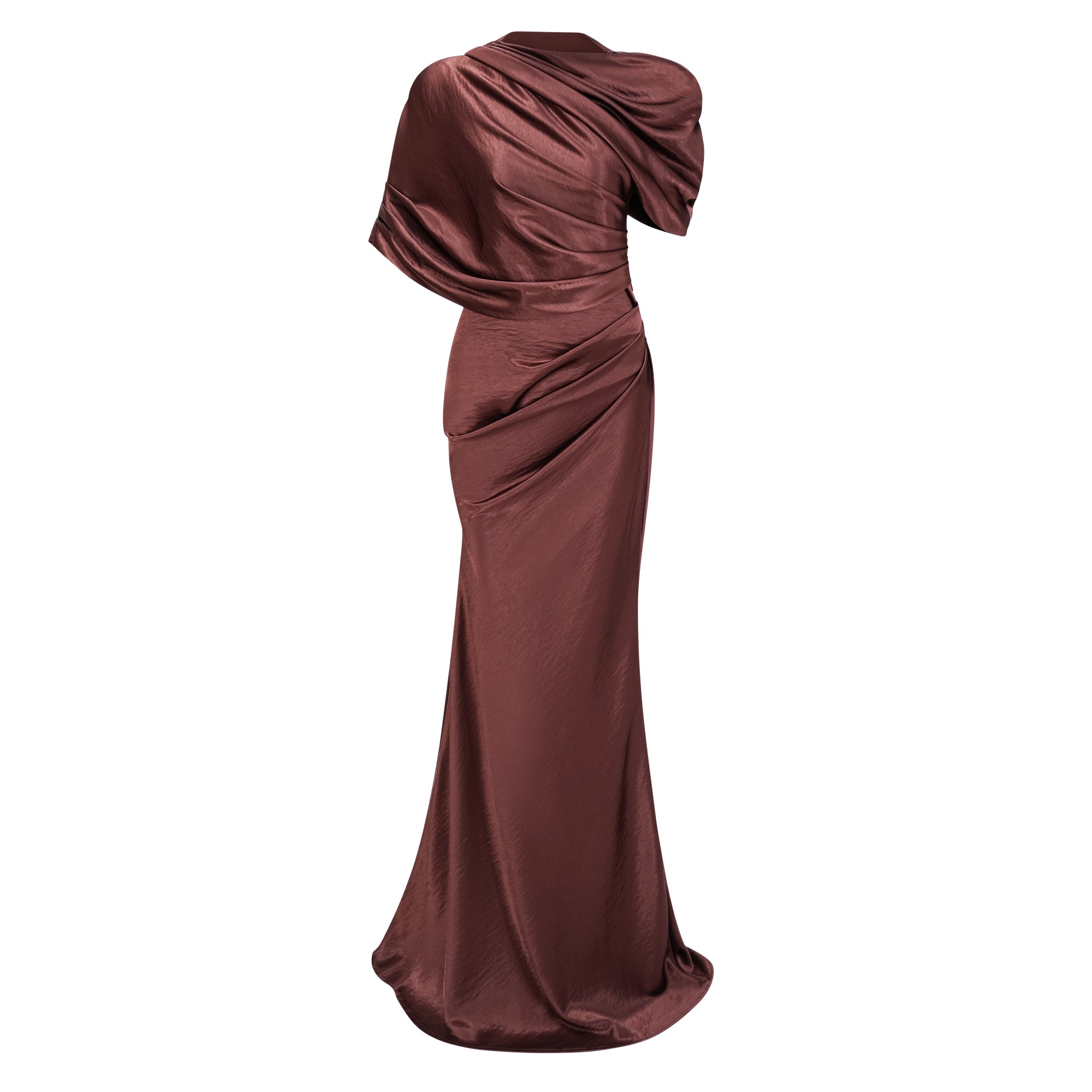 Asymmetrical Gathered Satin Maxi Dress