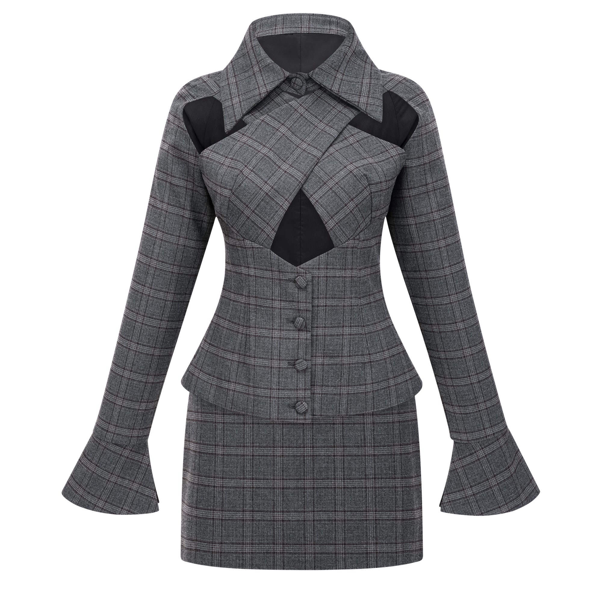 Grey Cut-out Checked Blazer Skirt Set