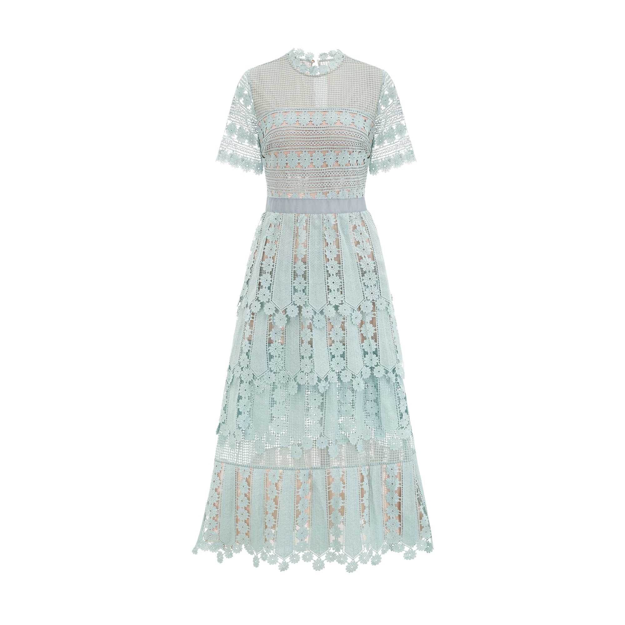 Light blue short-sleeve lace midi dress with a tiered skirt
