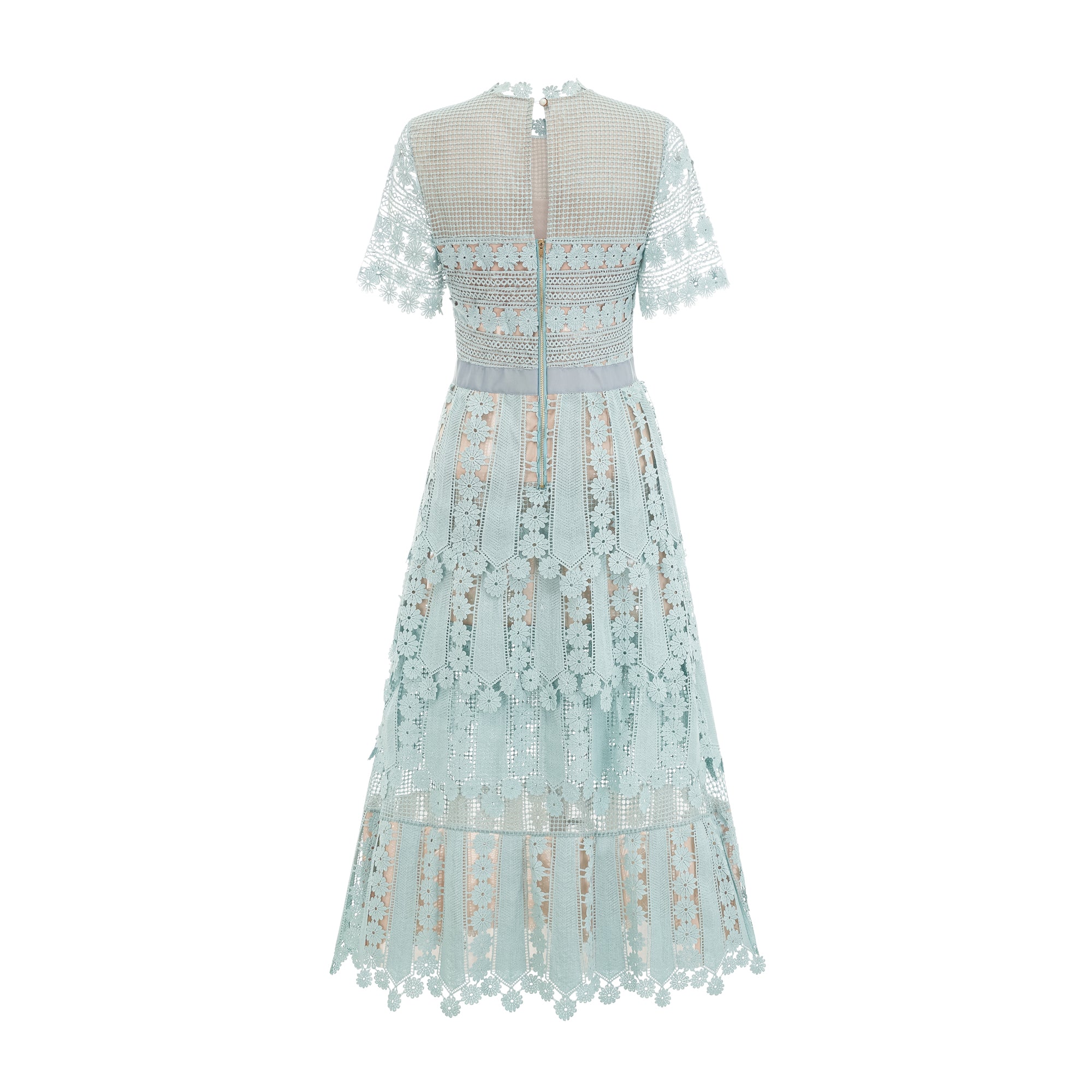 Light blue short-sleeve lace midi dress with a tiered skirt