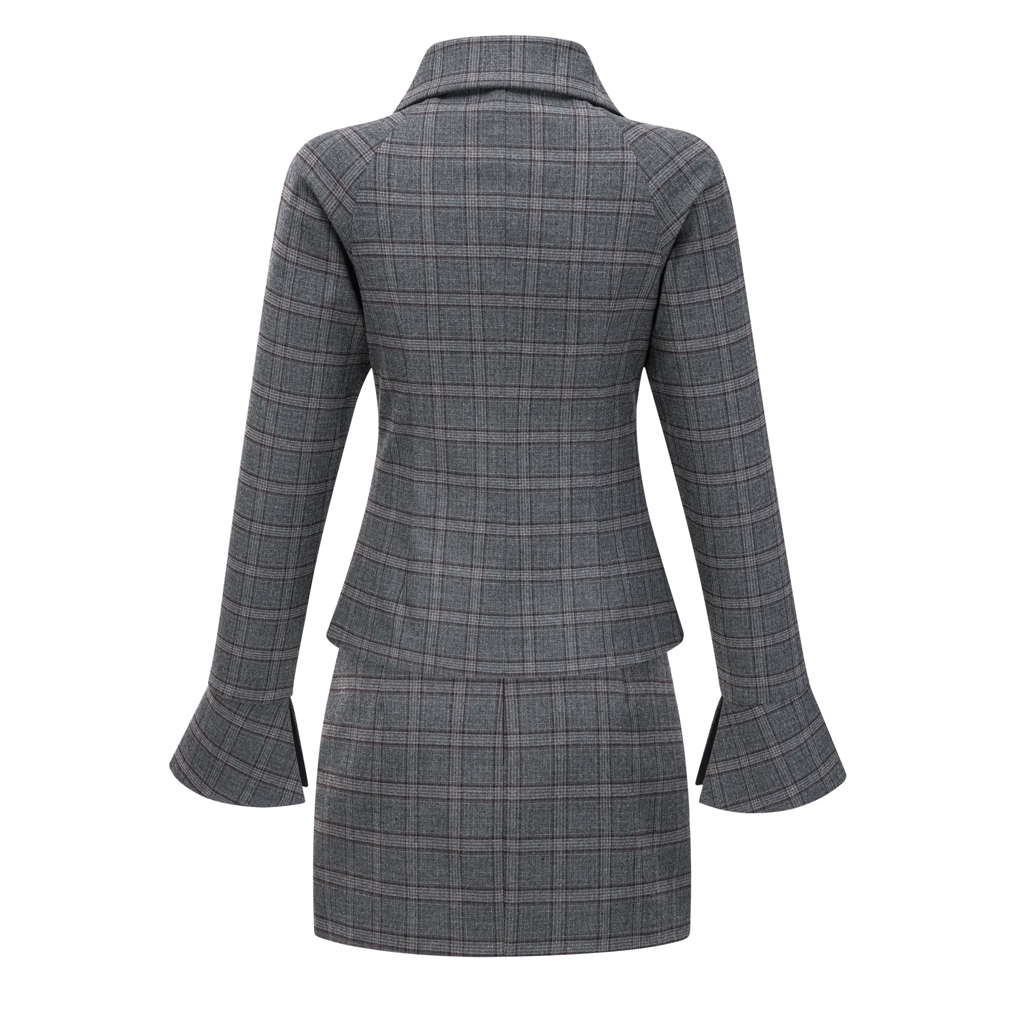 Grey Cut-out Checked Blazer Skirt Set