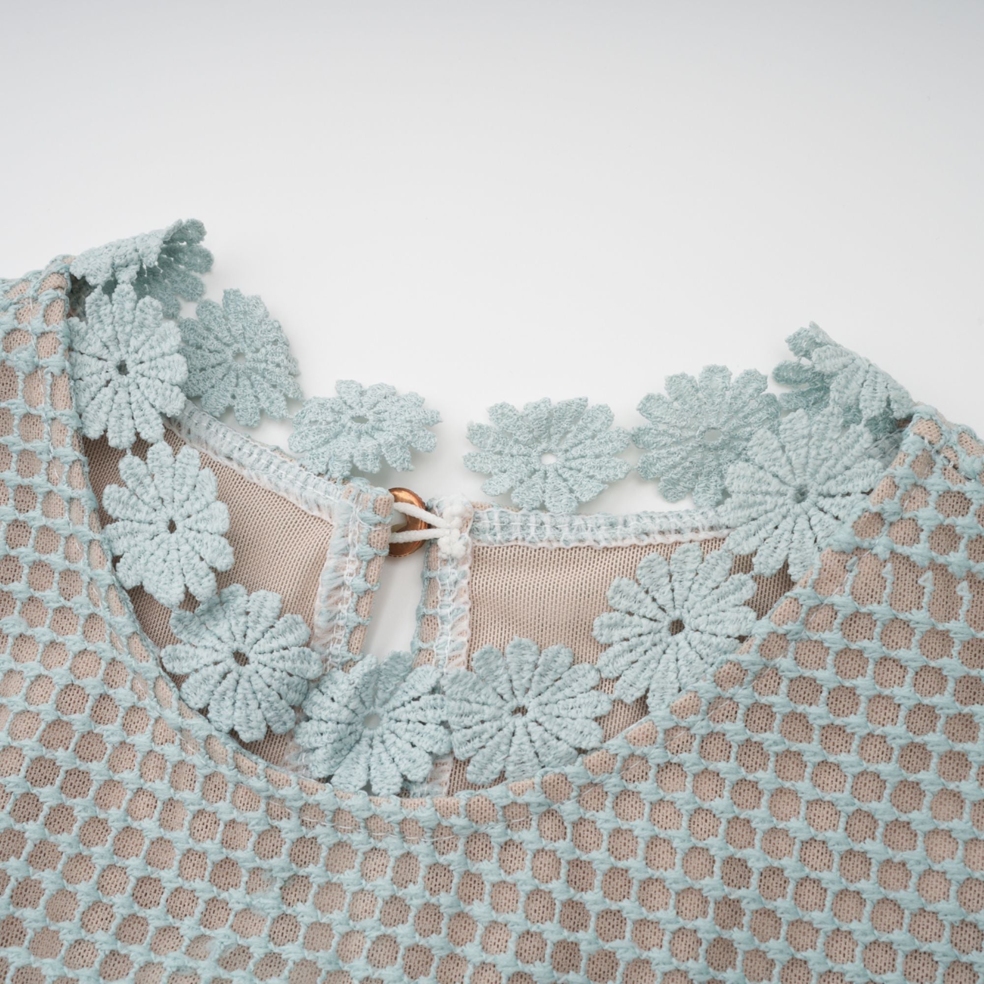 Light blue short-sleeve lace midi dress with a tiered skirt