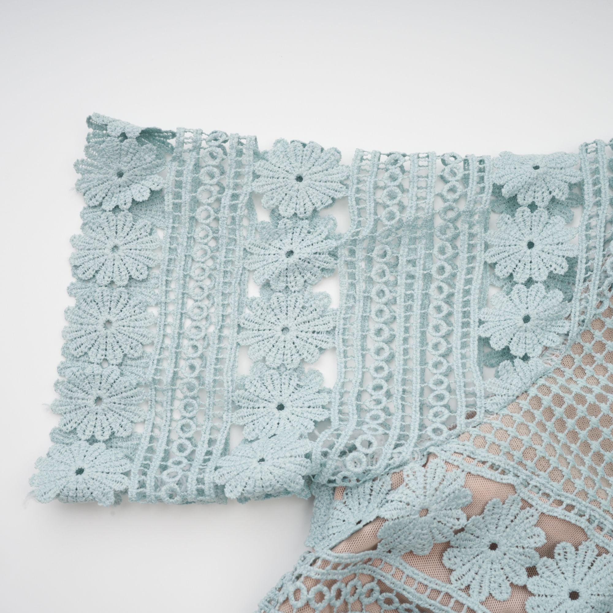 Light blue short-sleeve lace midi dress with a tiered skirt