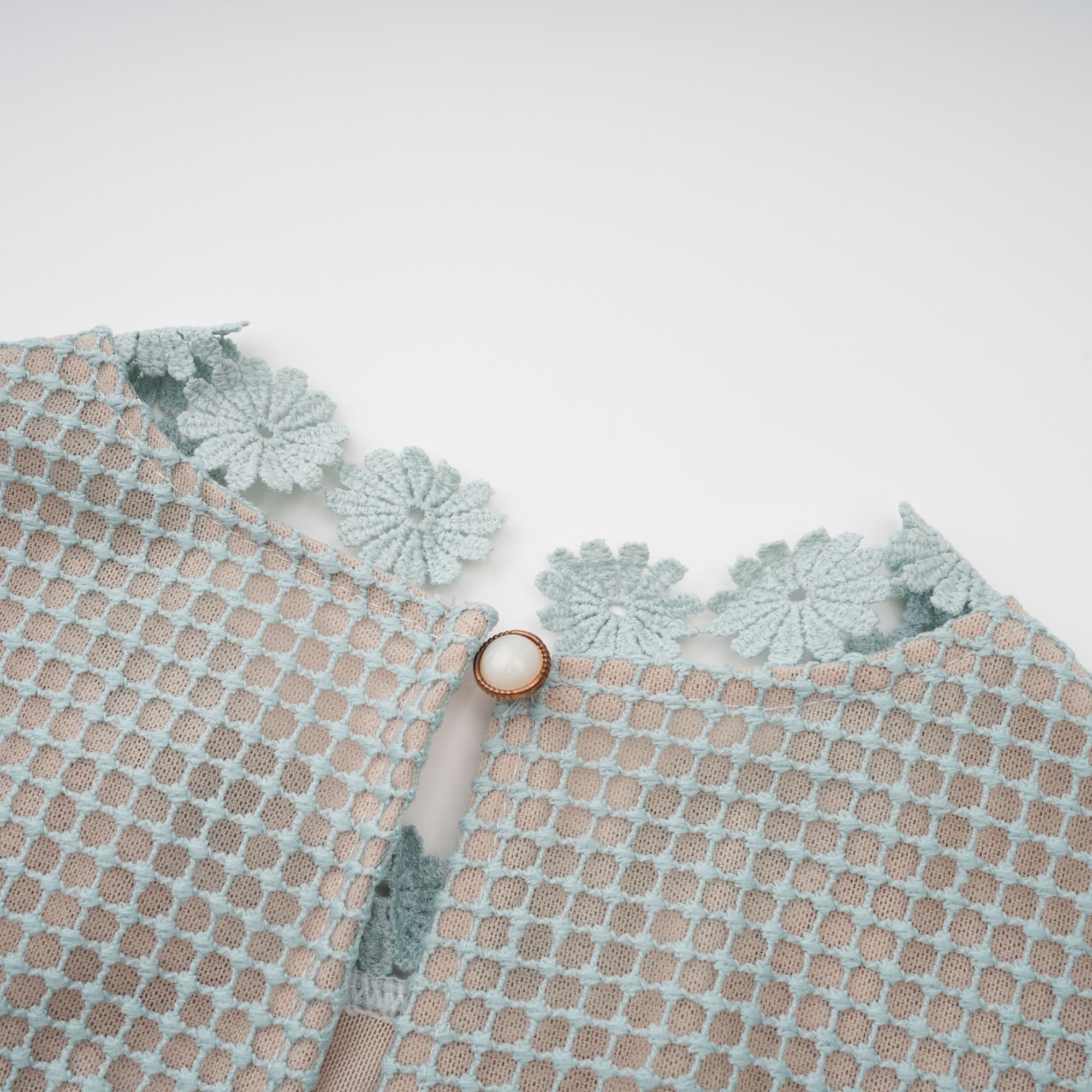 Light blue short-sleeve lace midi dress with a tiered skirt