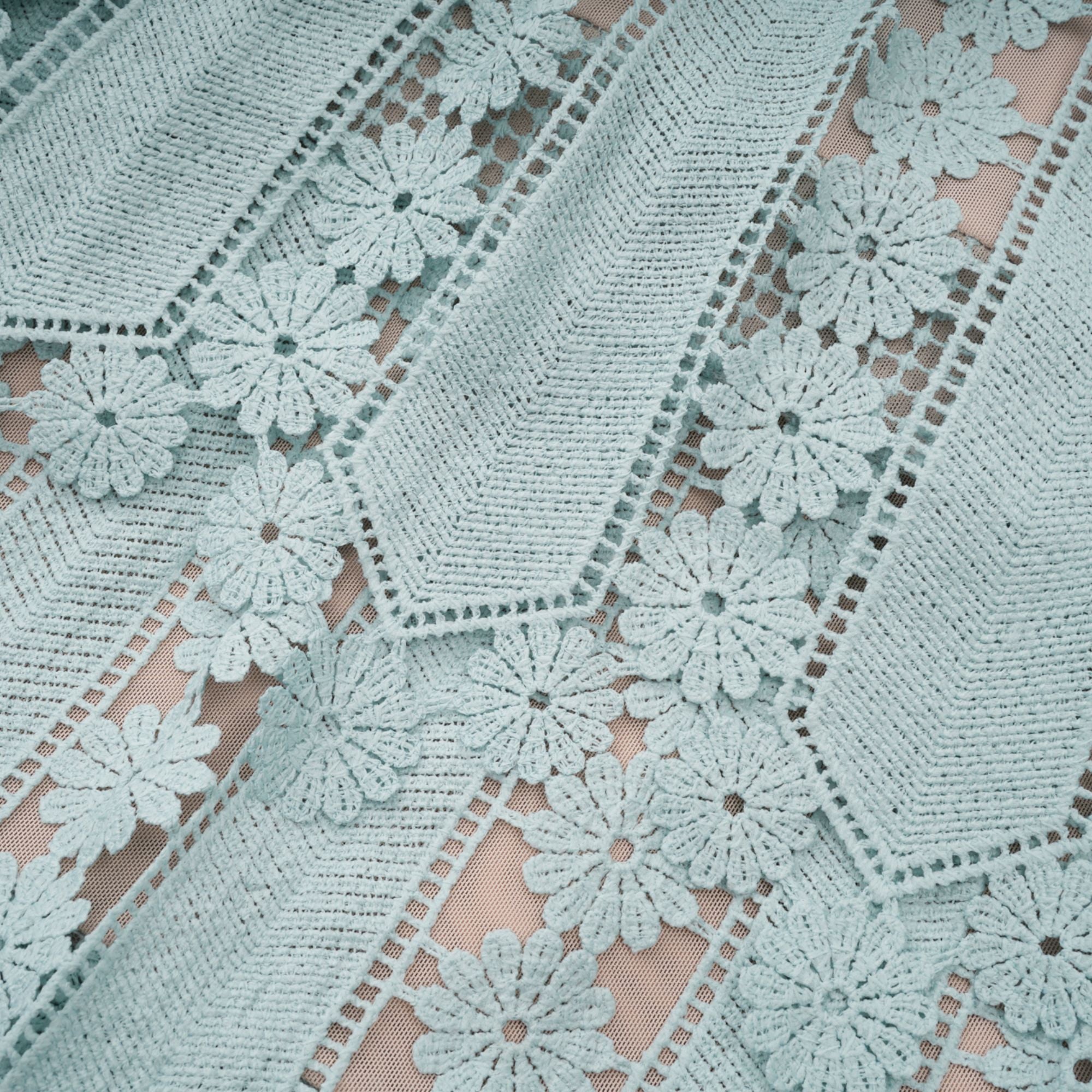 Light blue short-sleeve lace midi dress with a tiered skirt