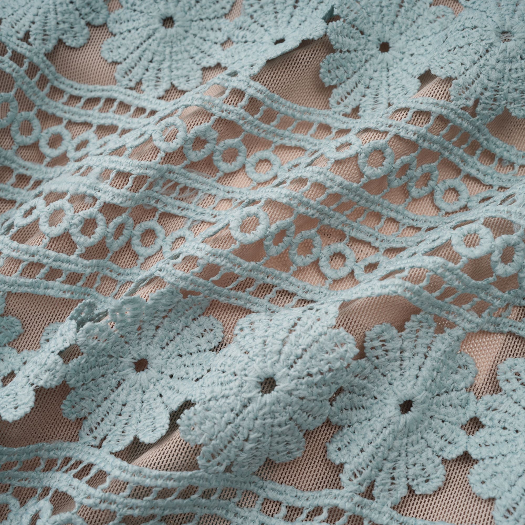 Light blue short-sleeve lace midi dress with a tiered skirt