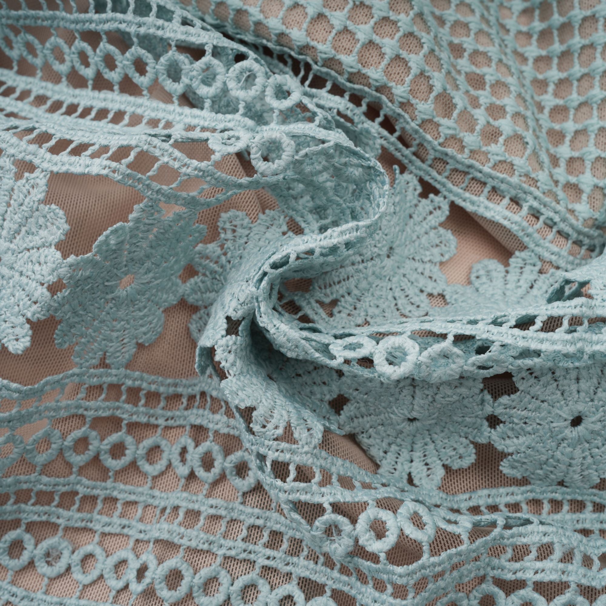 Light blue short-sleeve lace midi dress with a tiered skirt