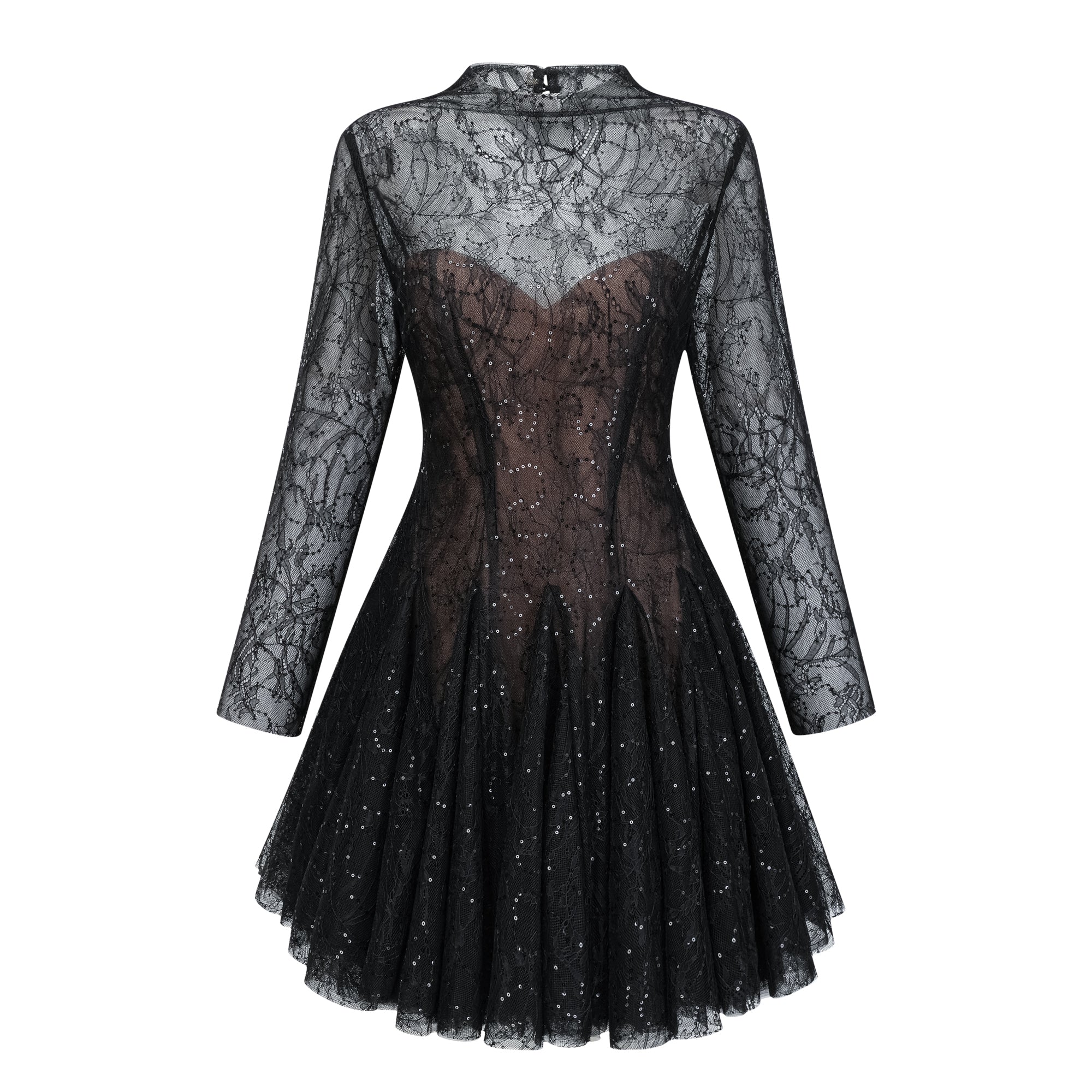 Black Sequined Floral Lace Mini Dress