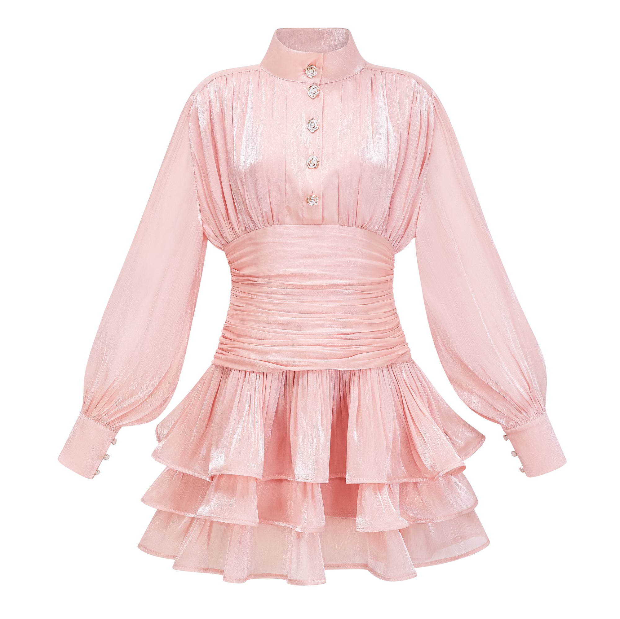 Pink High-Neck Ruffled Mini Dress