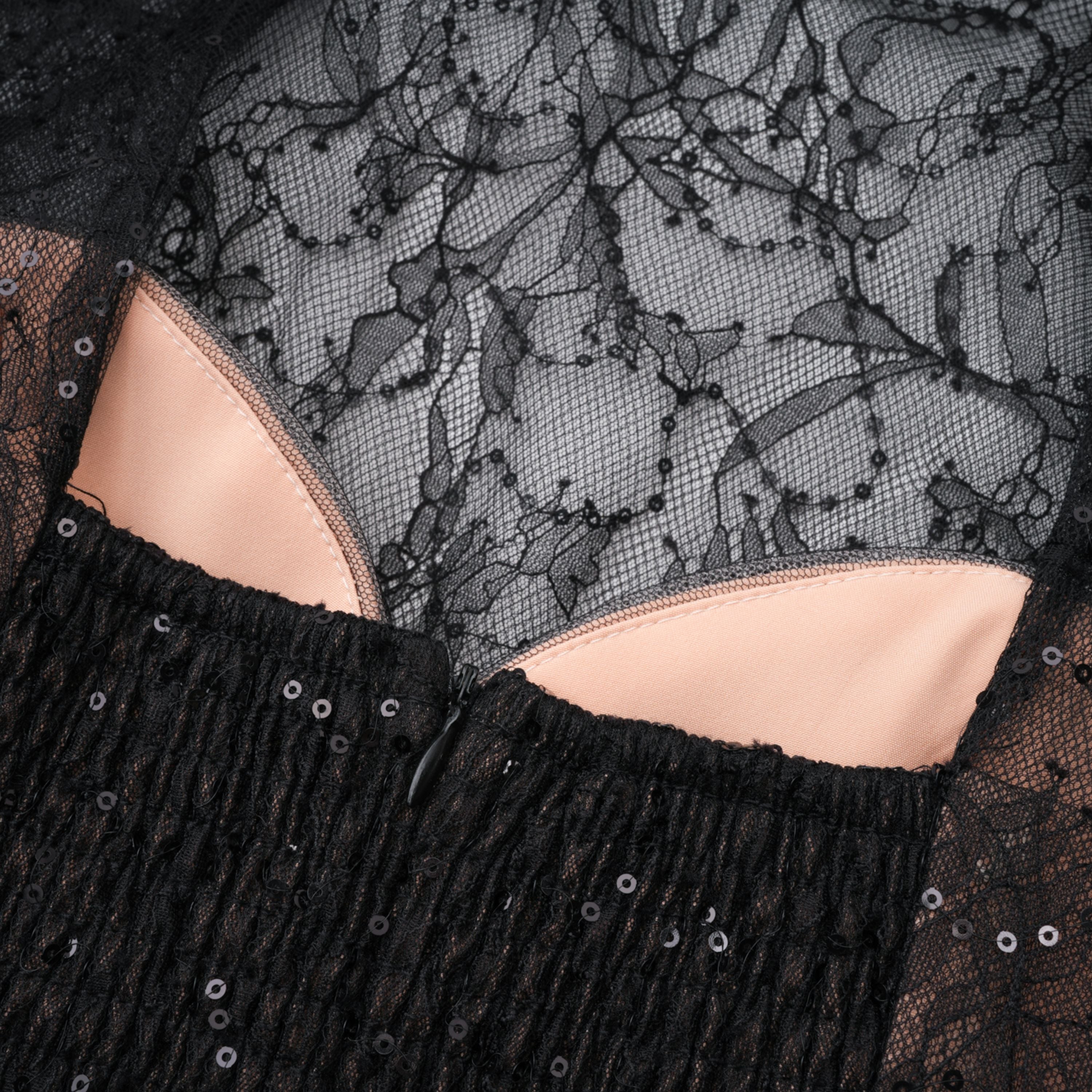 Black Sequined Floral Lace Mini Dress