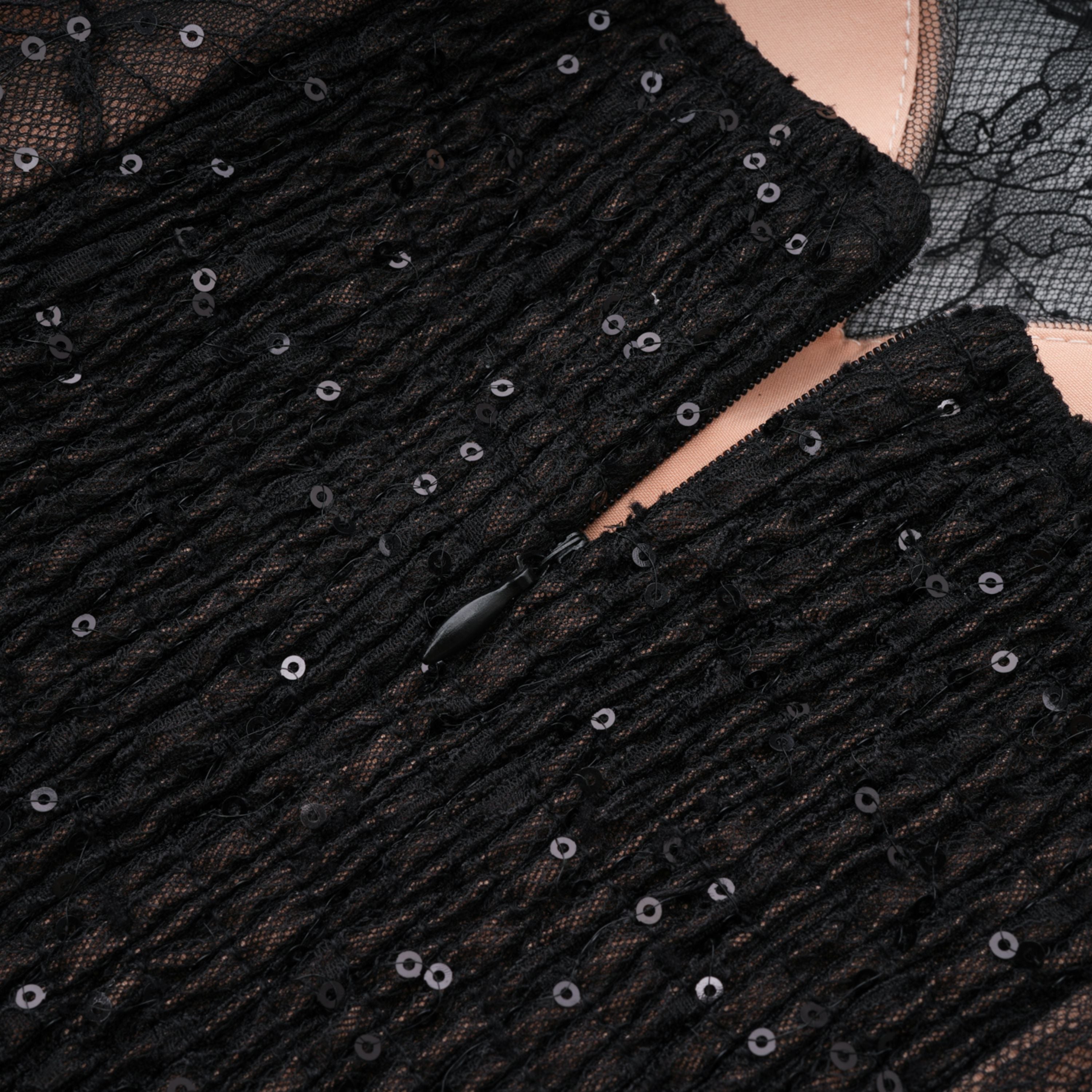 Black Sequined Floral Lace Mini Dress