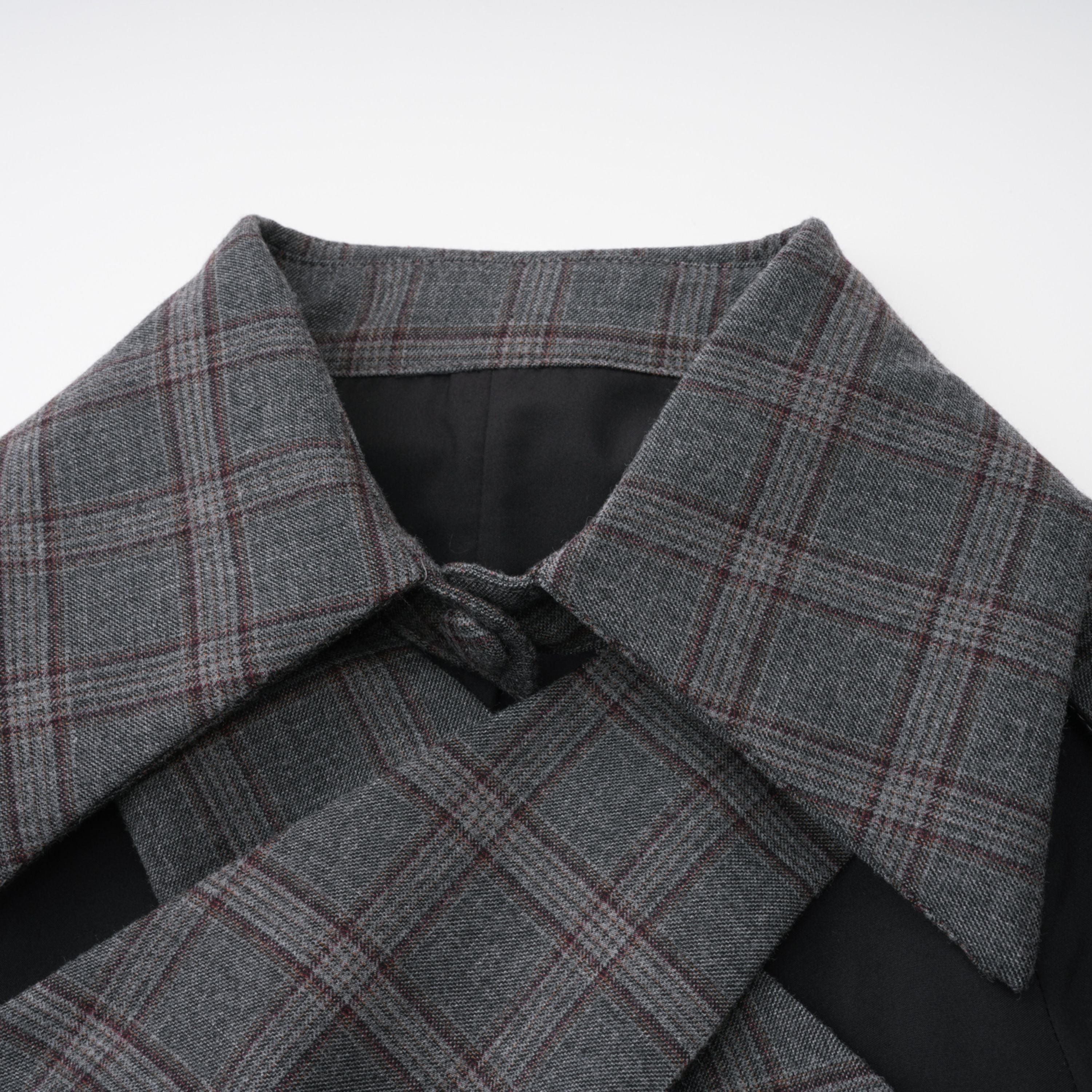 Grey Cut-out Checked Blazer Skirt Set