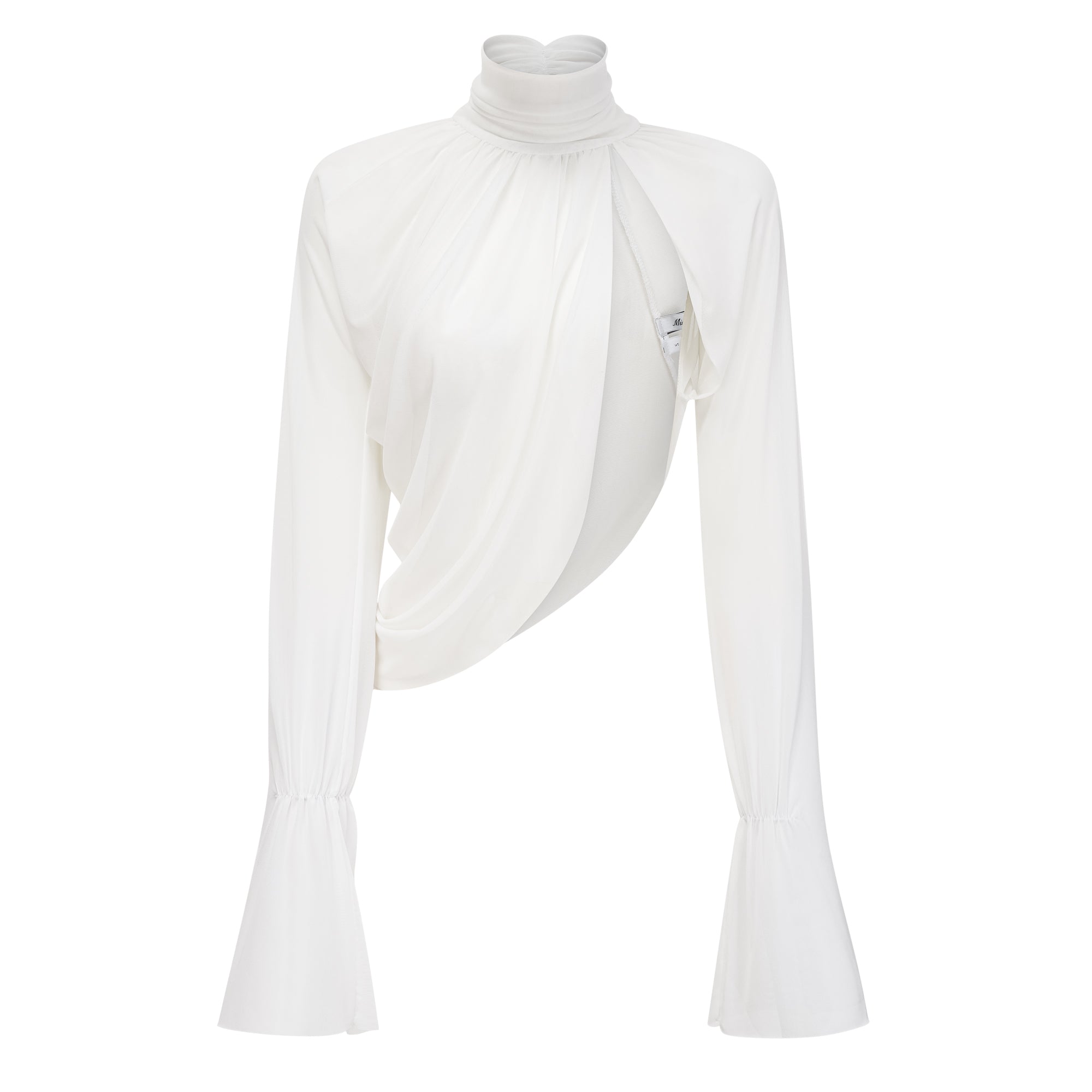 White Chiffon Maxi Dress with High Neck, Side Cut-Out, and High Leg Slit