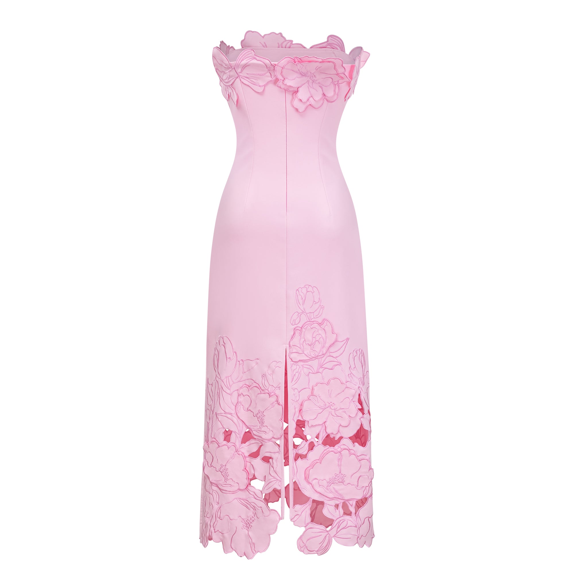 Pink strapless midi dress with a cutout floral hem