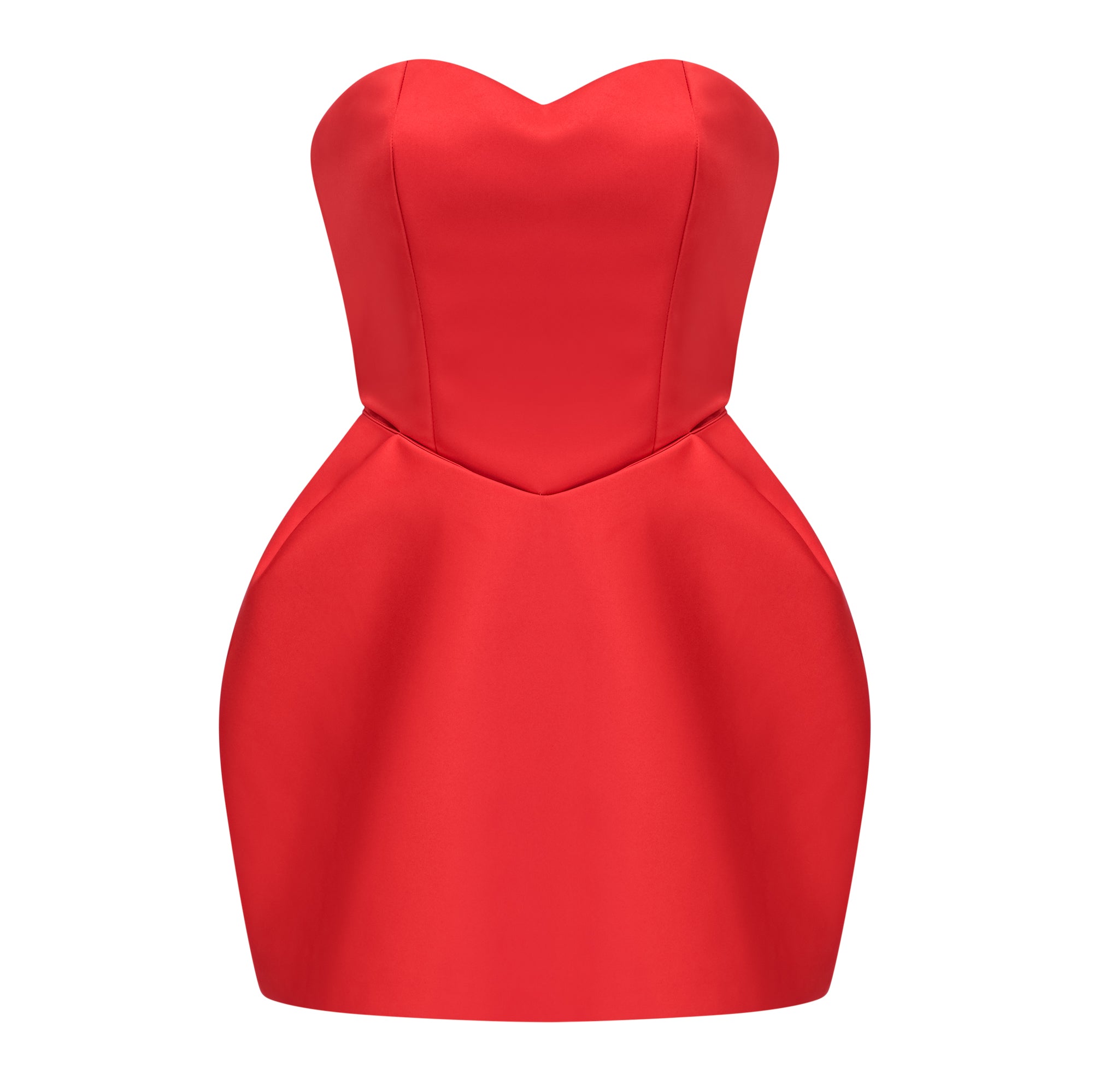 Red strapless satin mini dress with a corset bodice and structured hips