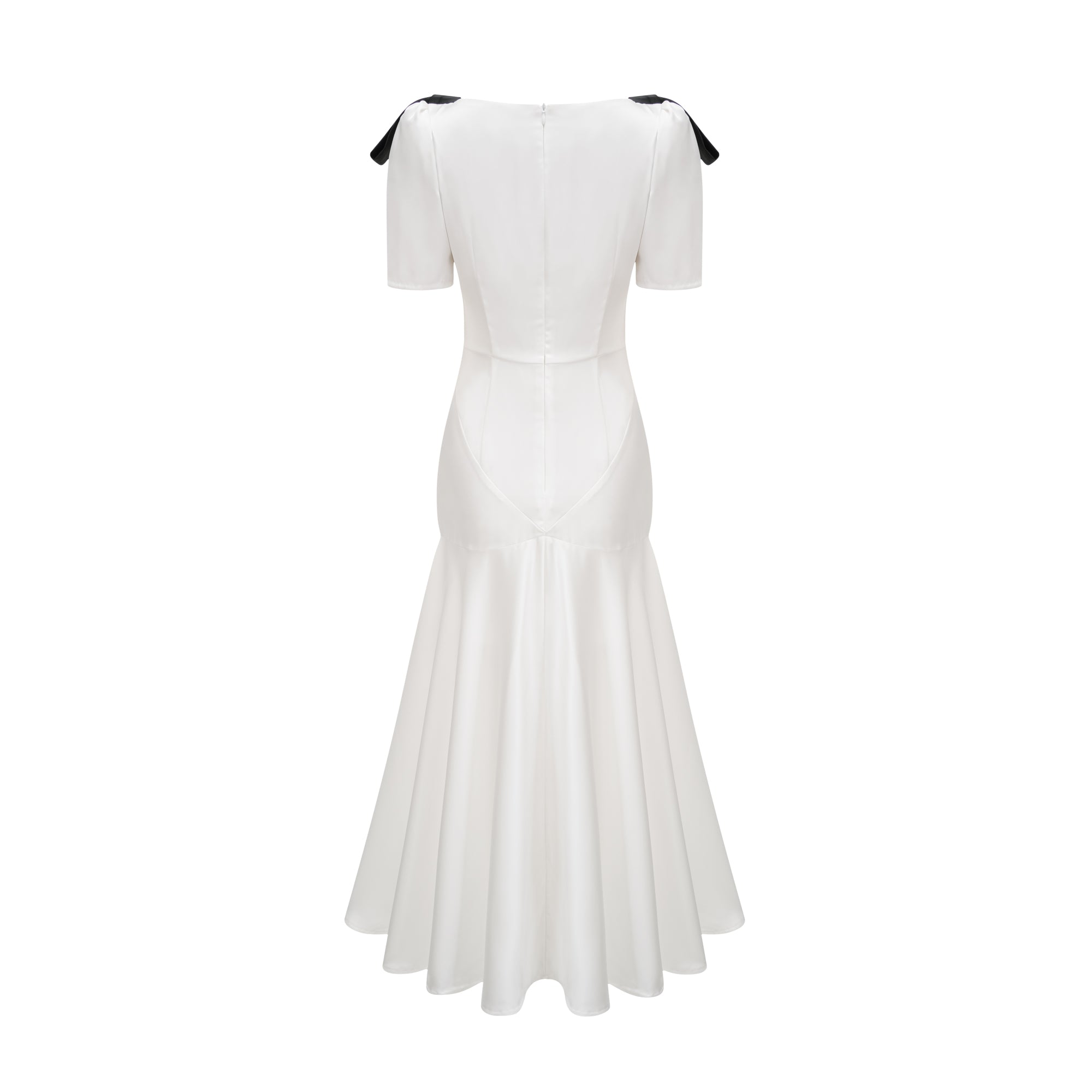 White satin V-neck midi dress with black bow shoulder straps