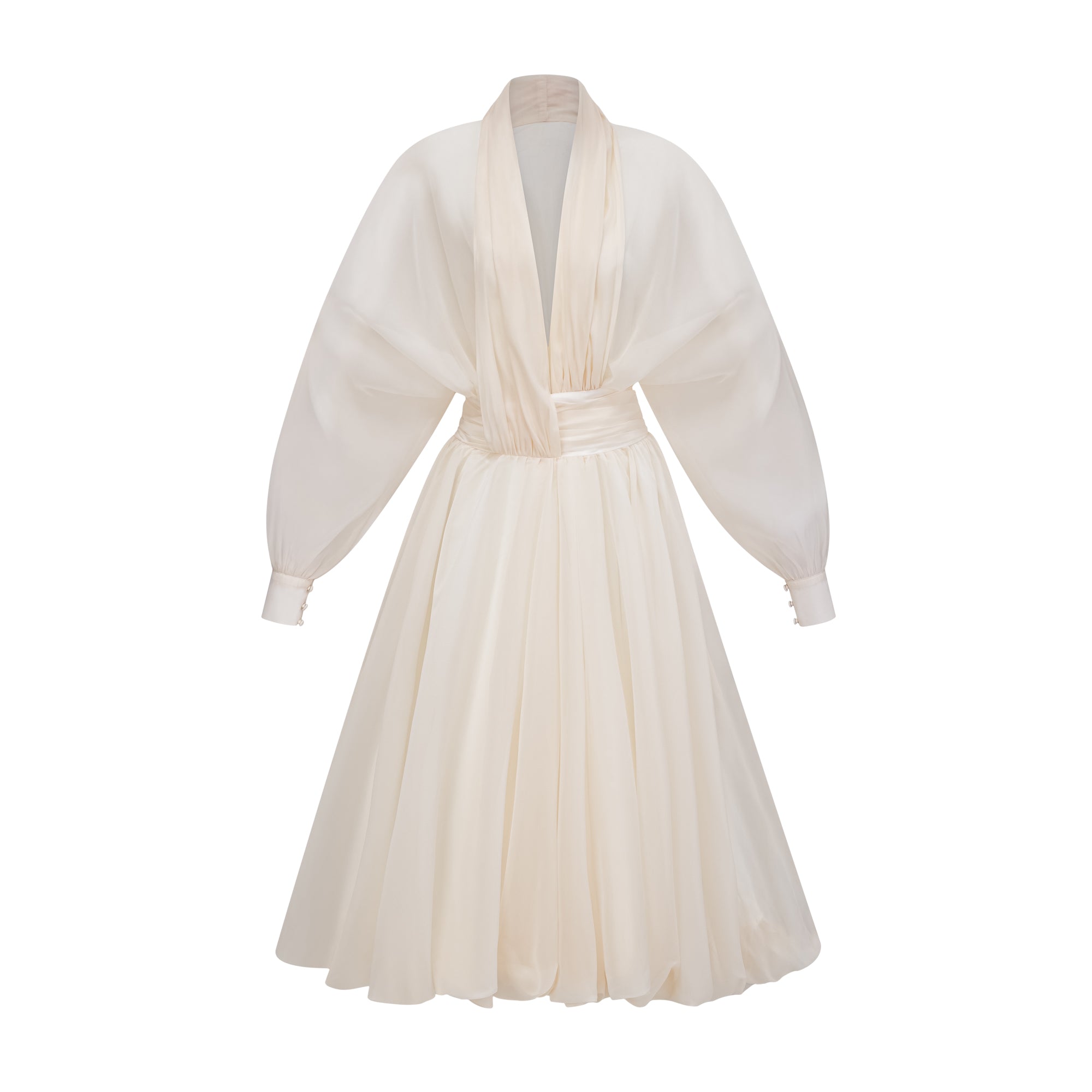 Cream long-sleeve midi dress with a balloon hem