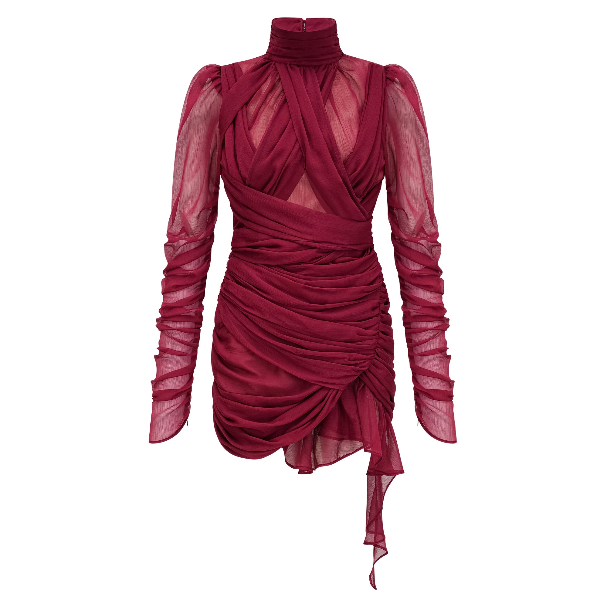 Burgundy Asymmetrical Ruched Mini Dress